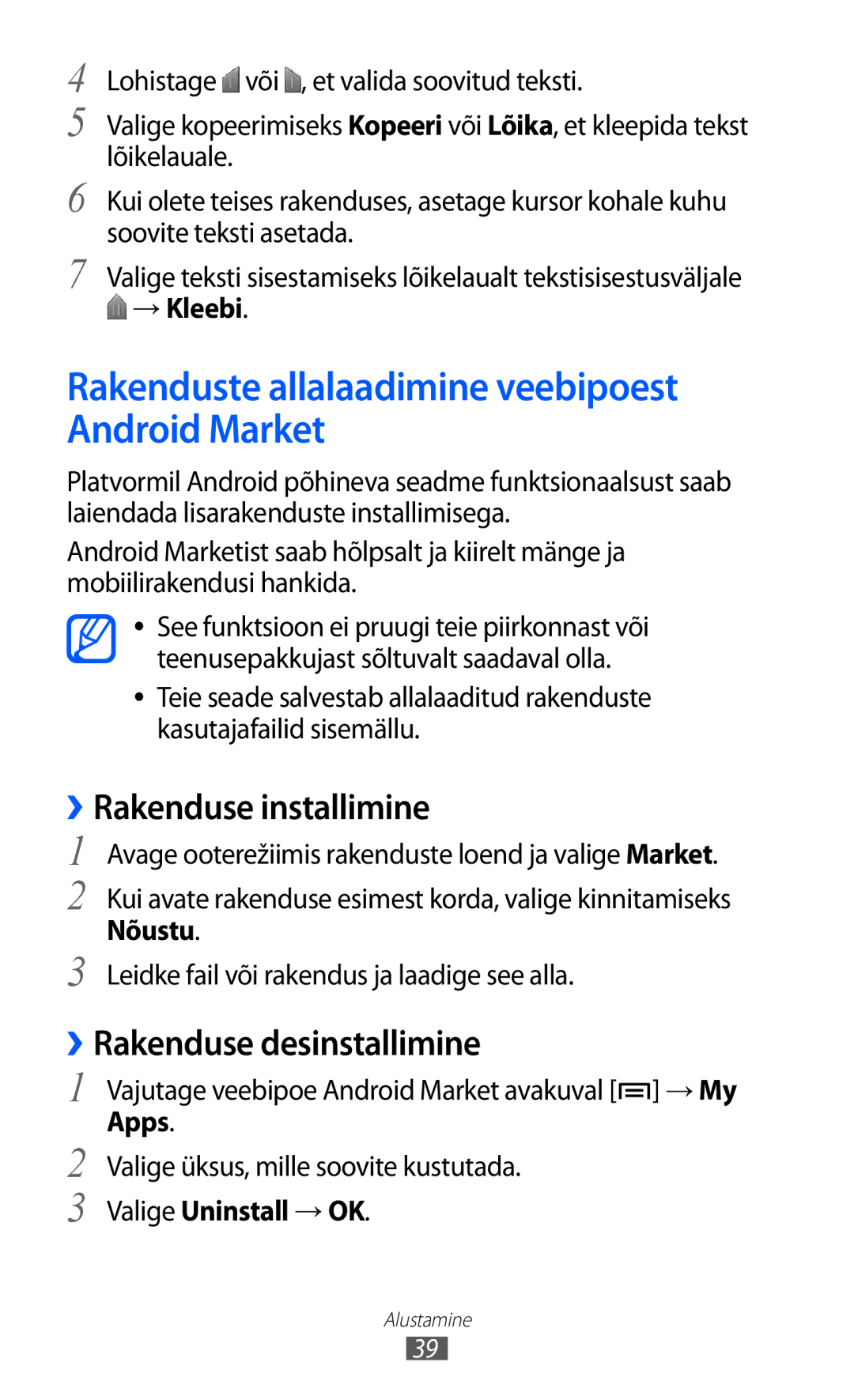Samsung GT-S6102SKASEB manual Rakenduste allalaadimine veebipoest Android Market, ››Rakenduse installimine 