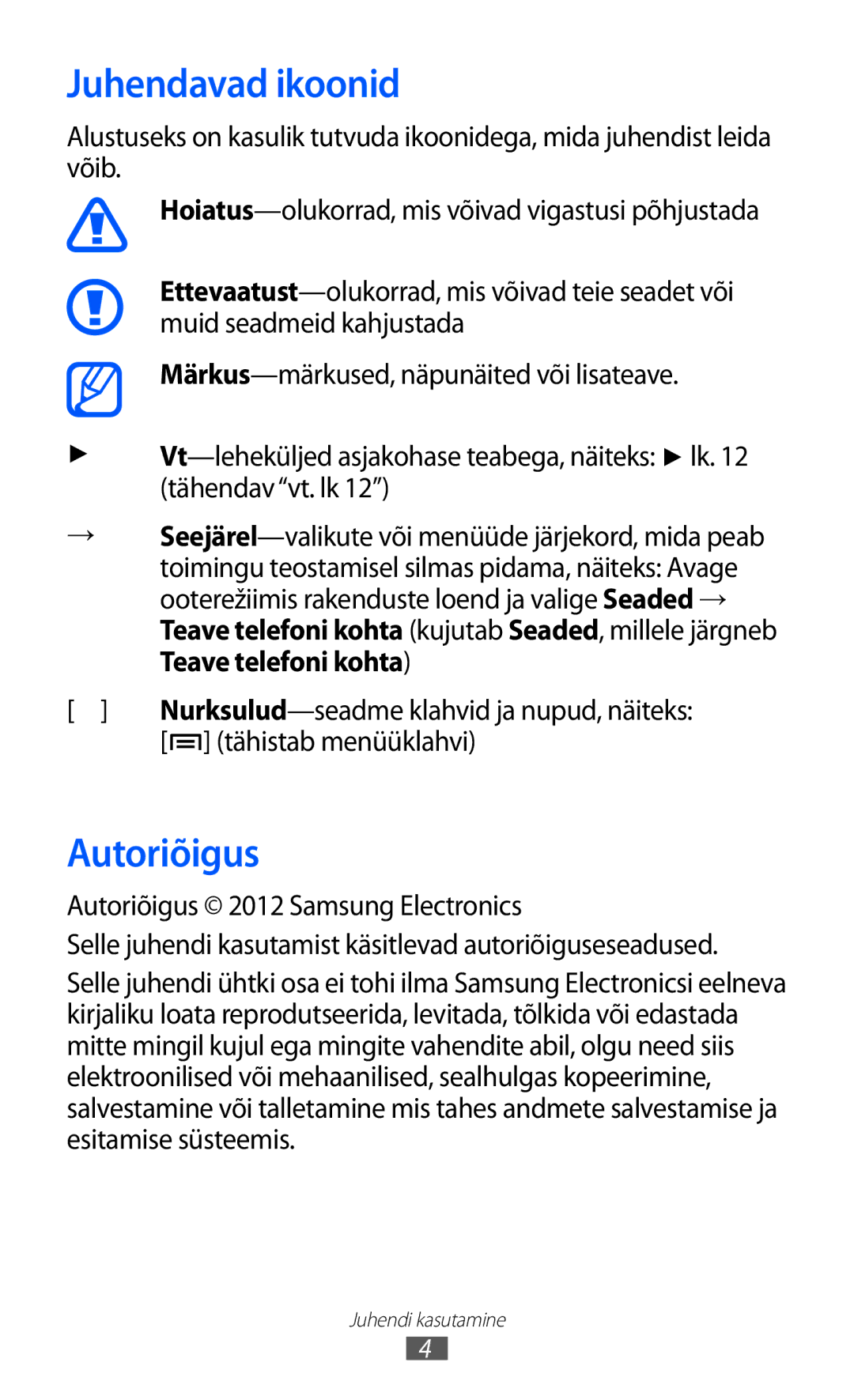 Samsung GT-S6102SKASEB manual Juhendavad ikoonid, Autoriõigus, Tähistab menüüklahvi 