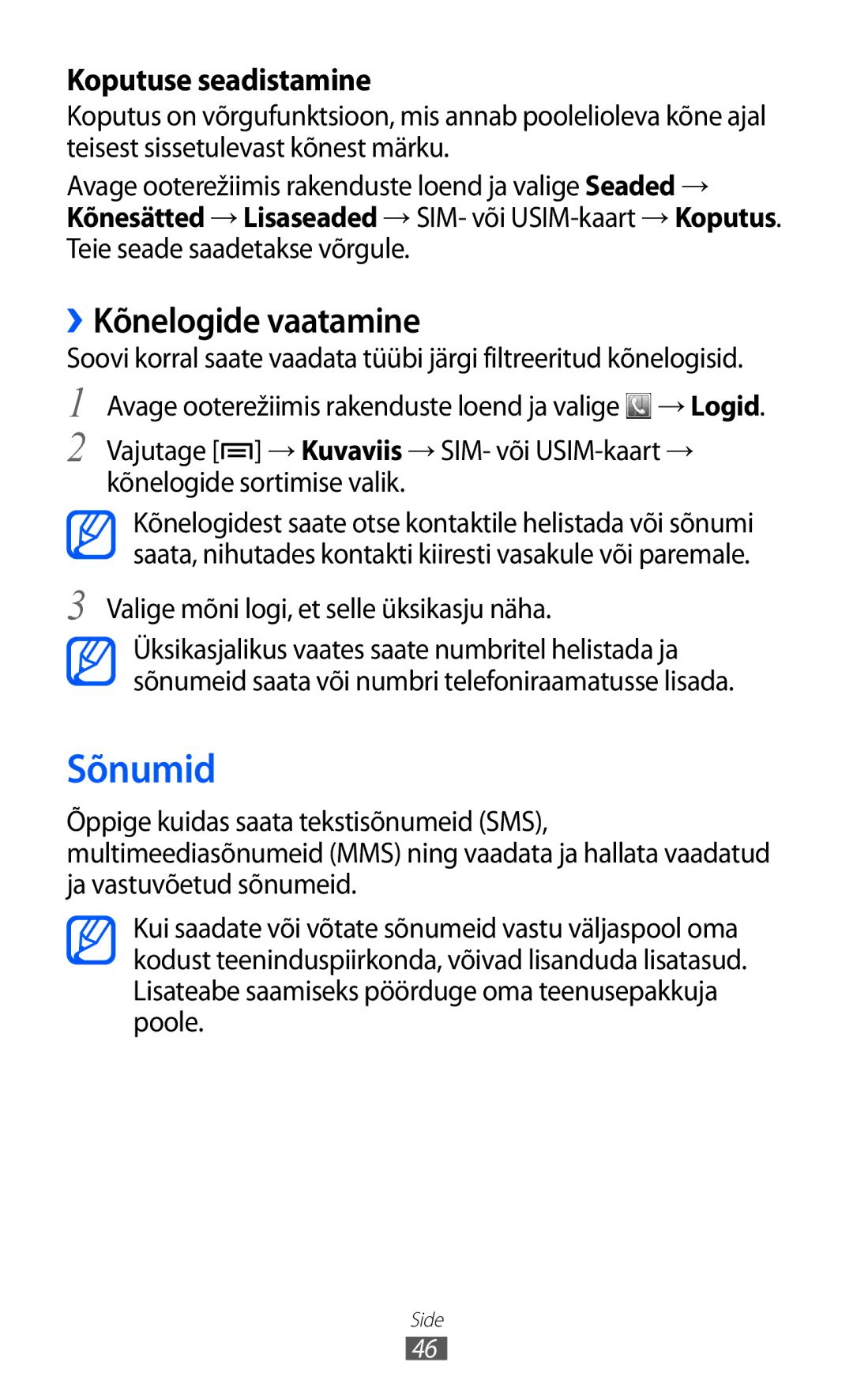 Samsung GT-S6102SKASEB manual Sõnumid, ››Kõnelogide vaatamine 