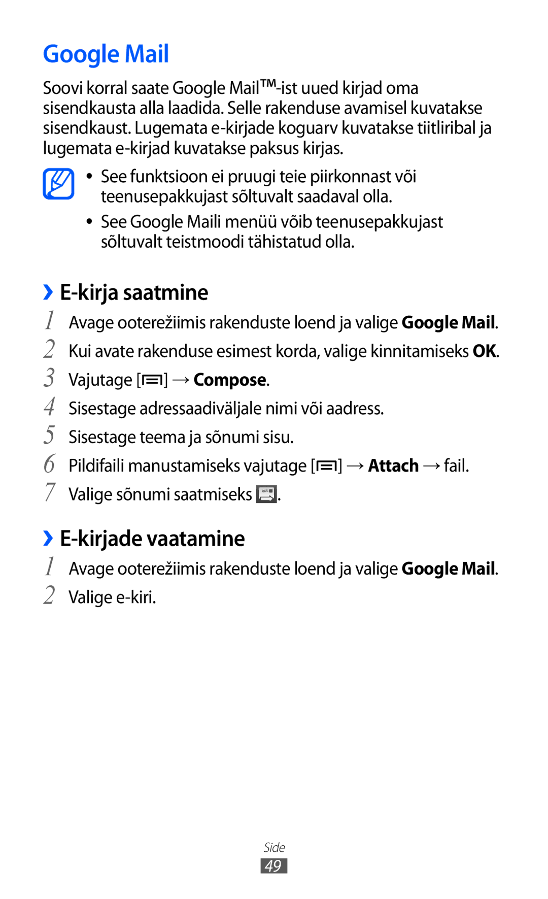 Samsung GT-S6102SKASEB manual Google Mail, Kirja saatmine 