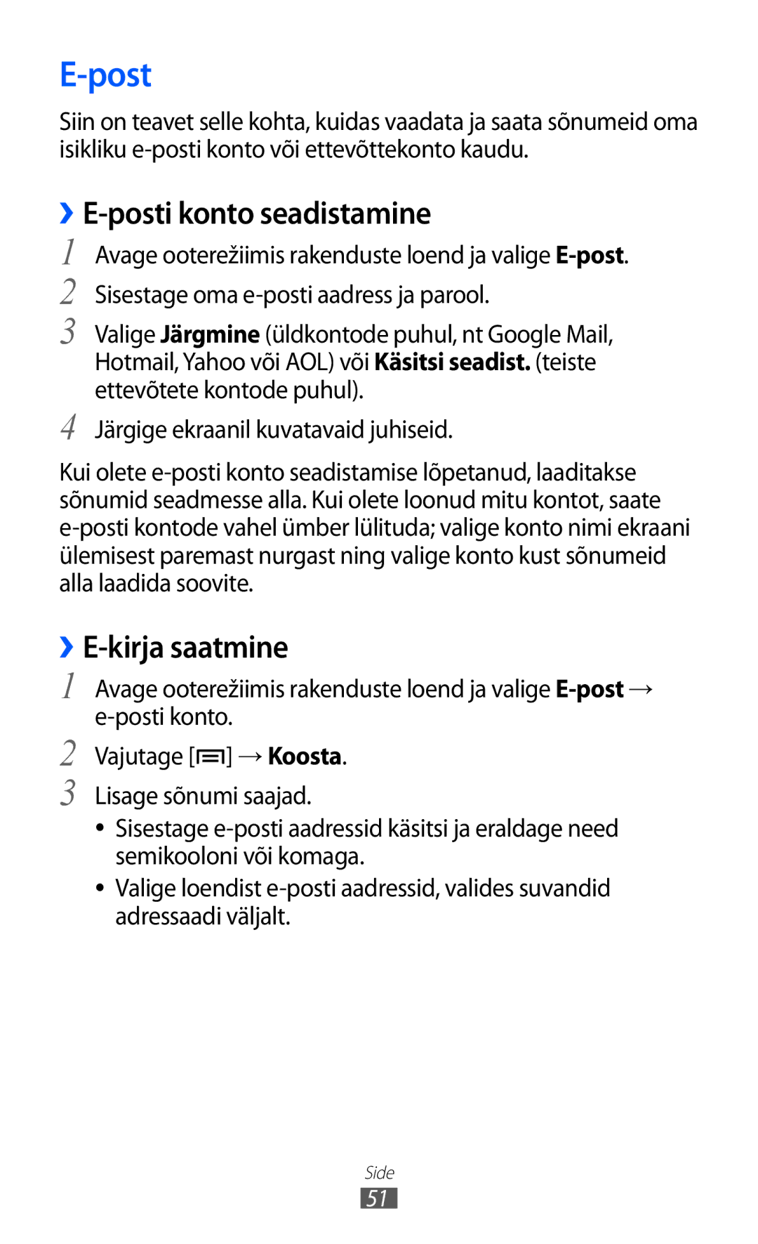 Samsung GT-S6102SKASEB manual Post, ››E-posti konto seadistamine, ››E-kirja saatmine 