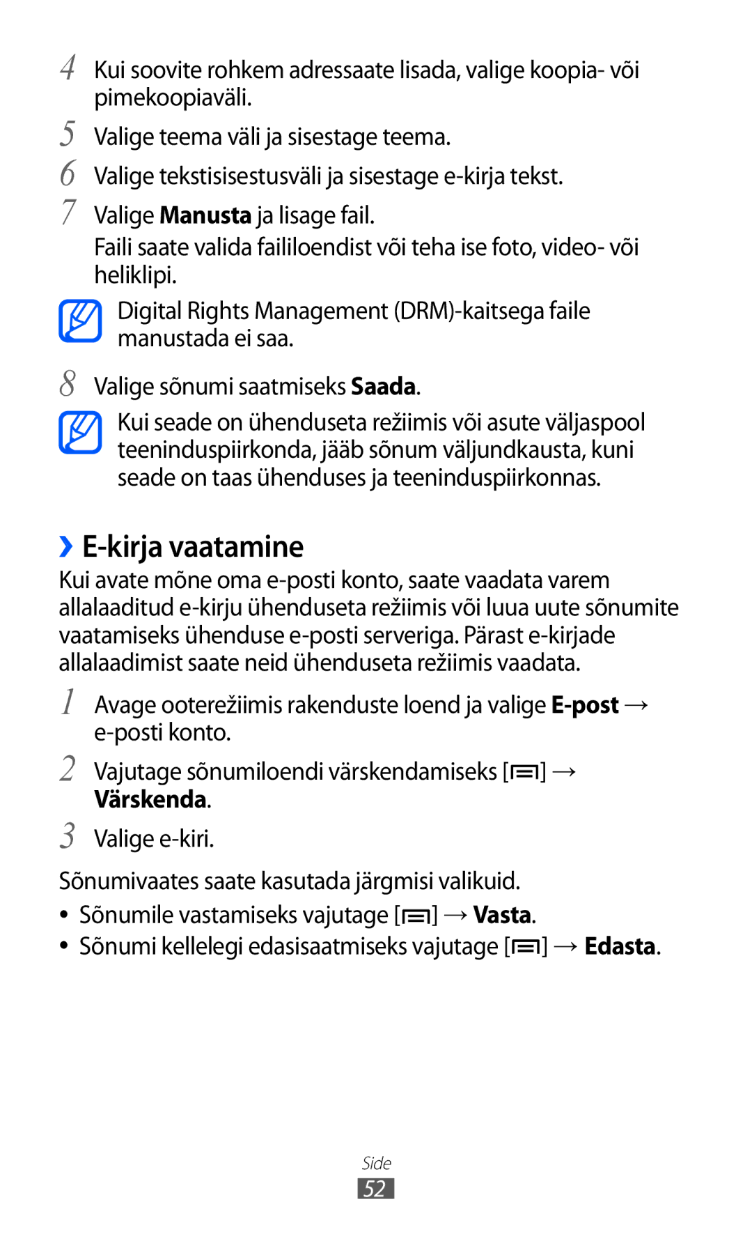 Samsung GT-S6102SKASEB manual ››E-kirja vaatamine, Sõnumi kellelegi edasisaatmiseks vajutage → Edasta 