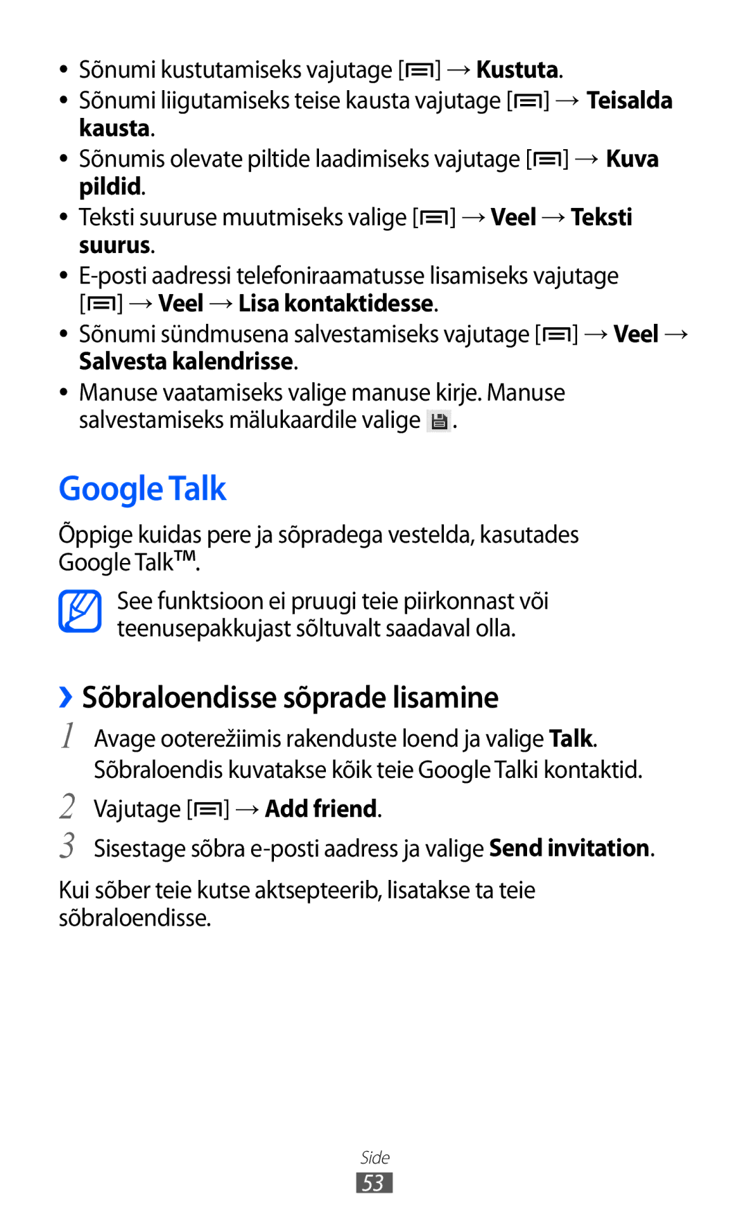 Samsung GT-S6102SKASEB manual Google Talk, ››Sõbraloendisse sõprade lisamine, Kausta 