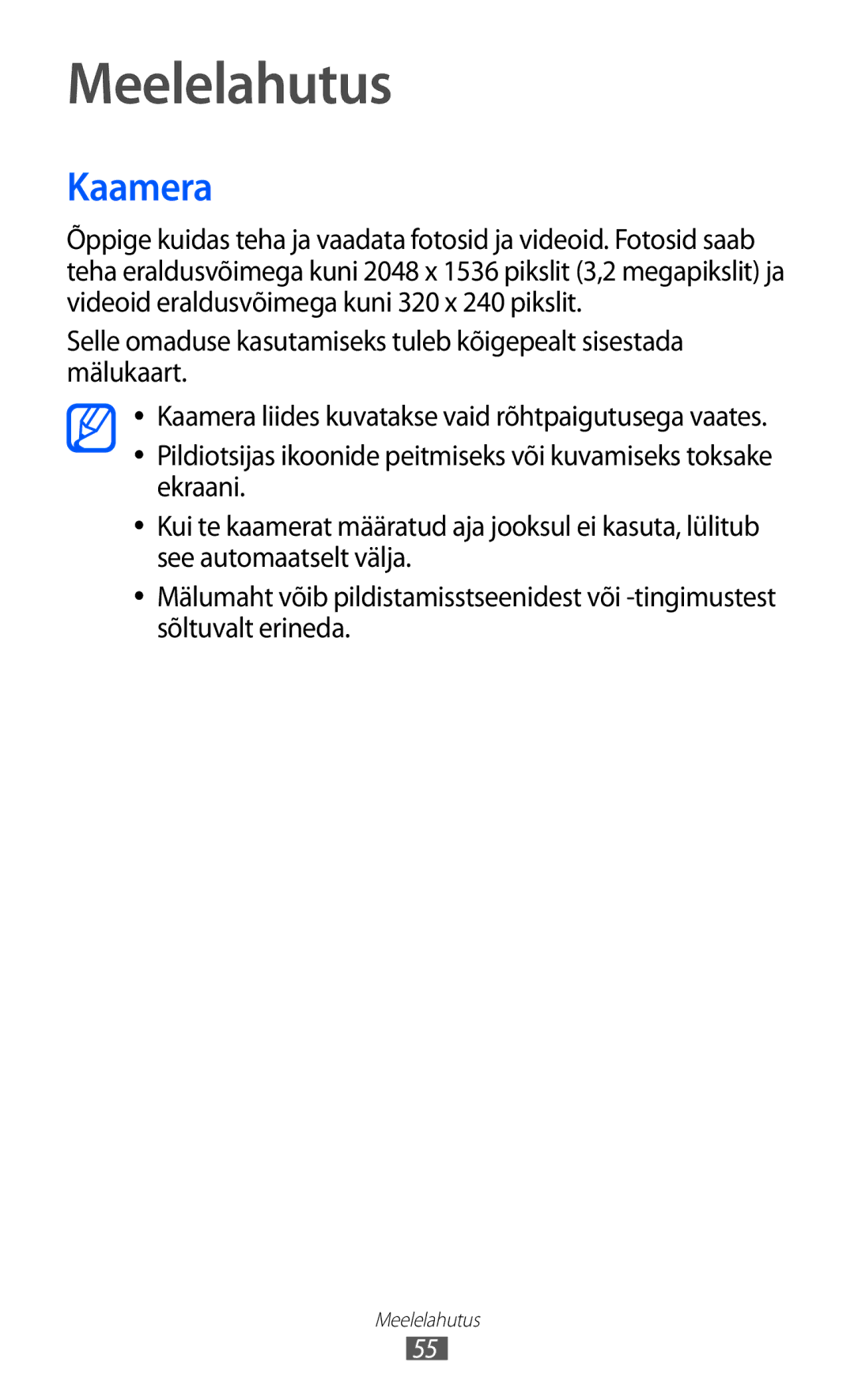 Samsung GT-S6102SKASEB manual Meelelahutus, Kaamera 