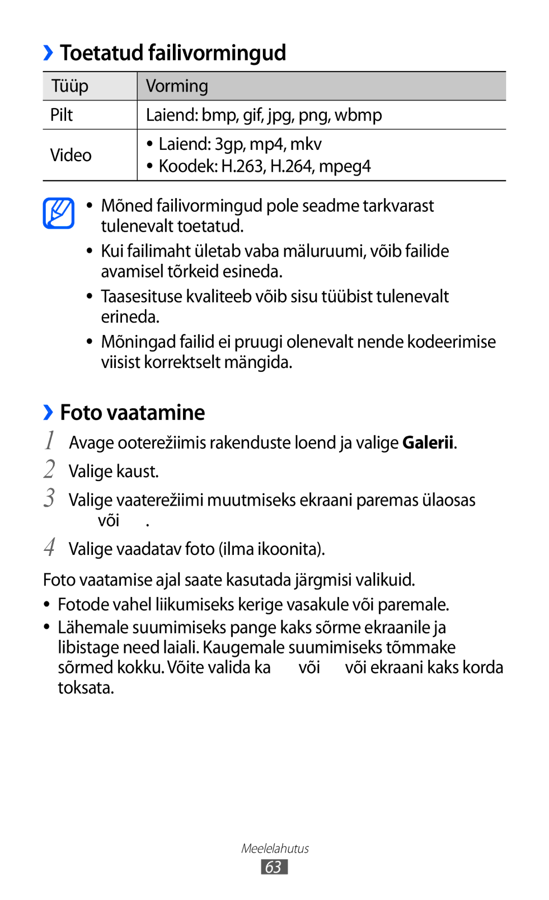 Samsung GT-S6102SKASEB manual Toetatud failivormingud, ››Foto vaatamine 