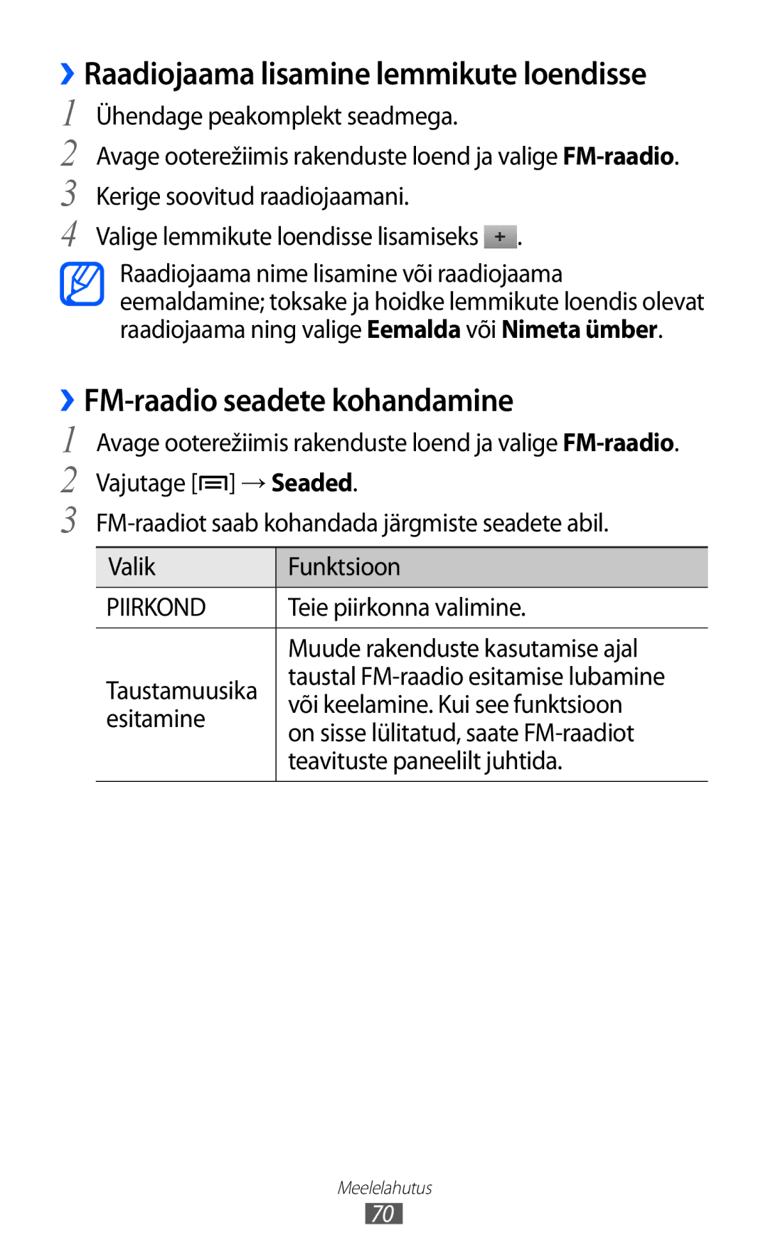 Samsung GT-S6102SKASEB manual FM-raadio seadete kohandamine, → Seaded 