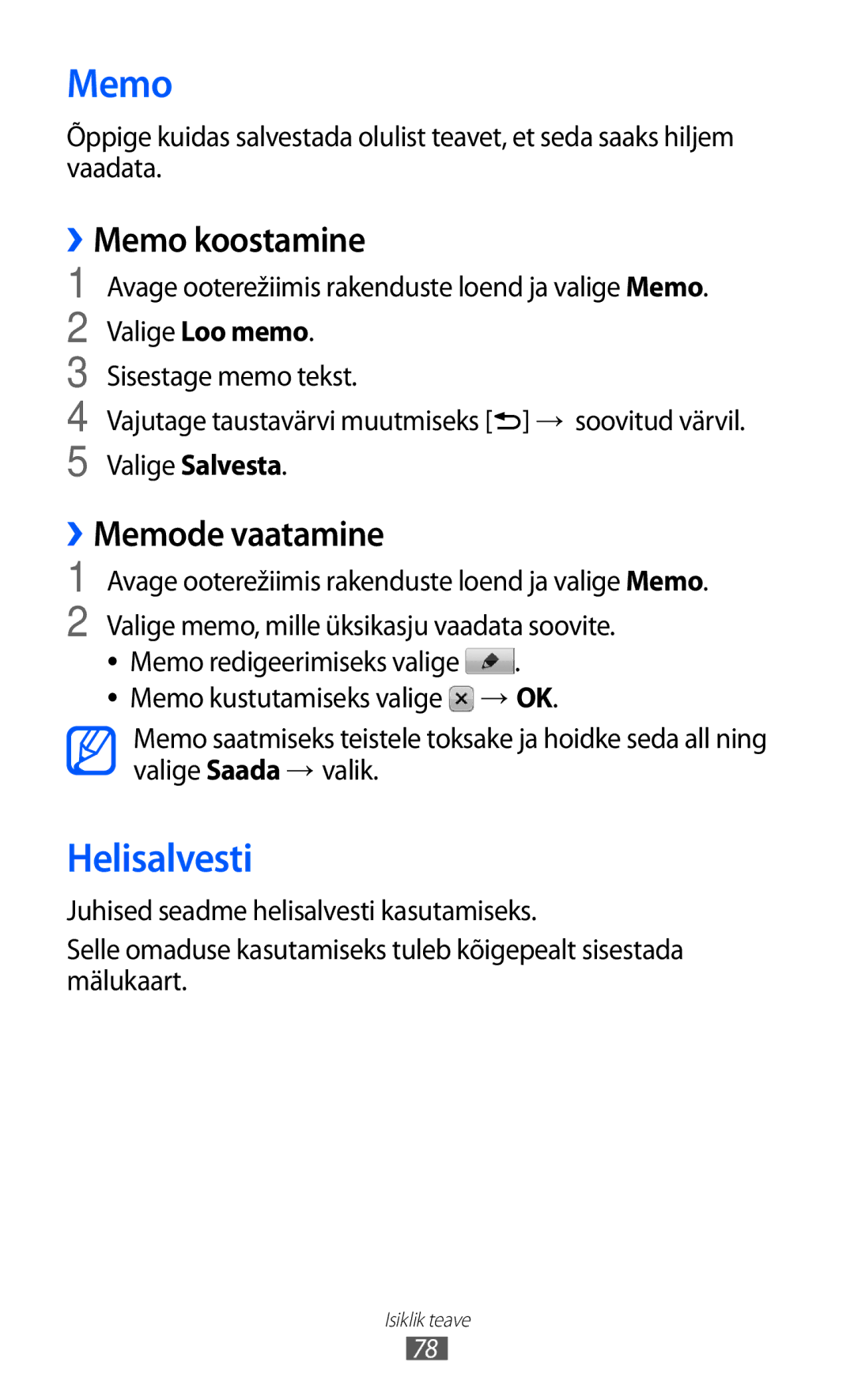 Samsung GT-S6102SKASEB manual Helisalvesti, ››Memo koostamine, ››Memode vaatamine 