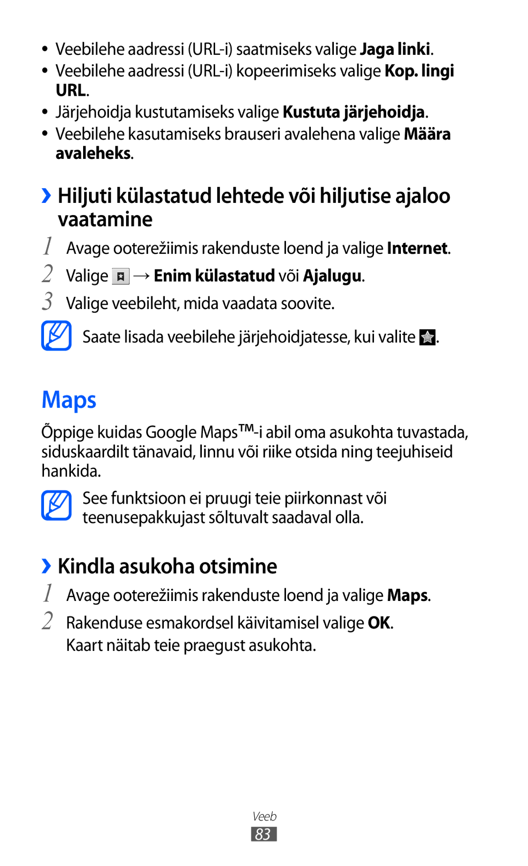 Samsung GT-S6102SKASEB manual Maps, ››Hiljuti külastatud lehtede või hiljutise ajaloo vaatamine, ››Kindla asukoha otsimine 