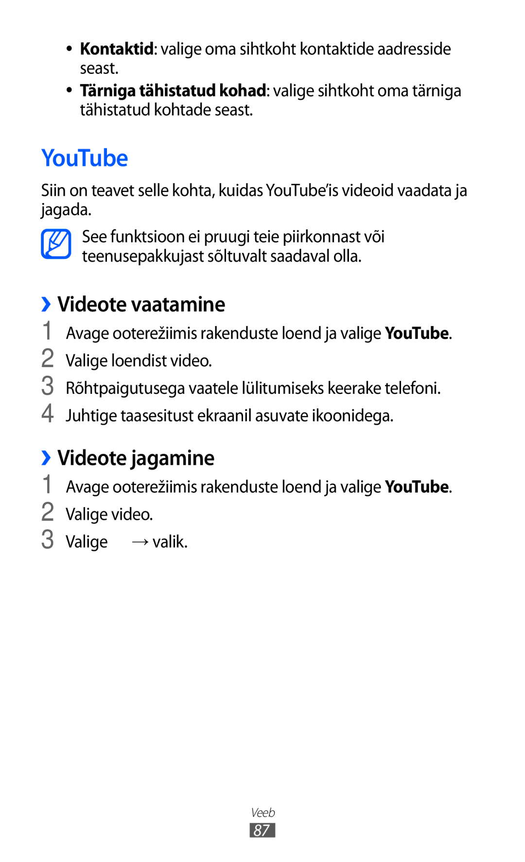 Samsung GT-S6102SKASEB manual YouTube, ››Videote vaatamine, ››Videote jagamine 