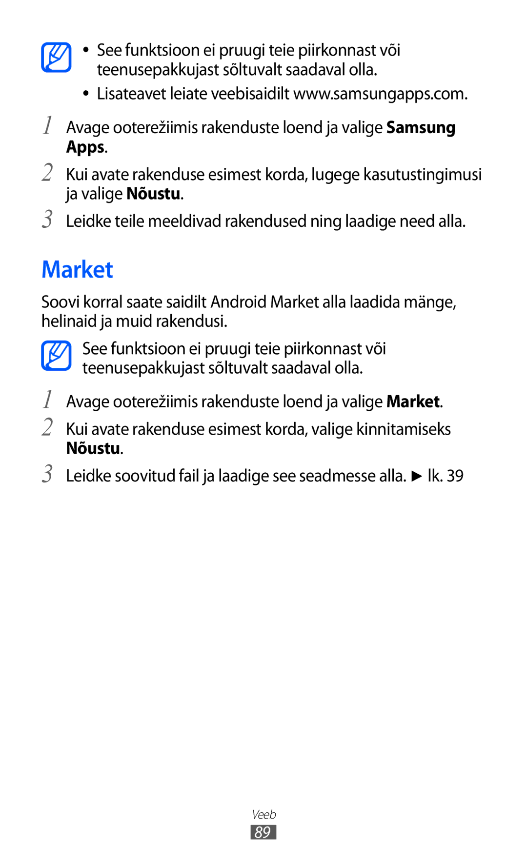 Samsung GT-S6102SKASEB manual Market 