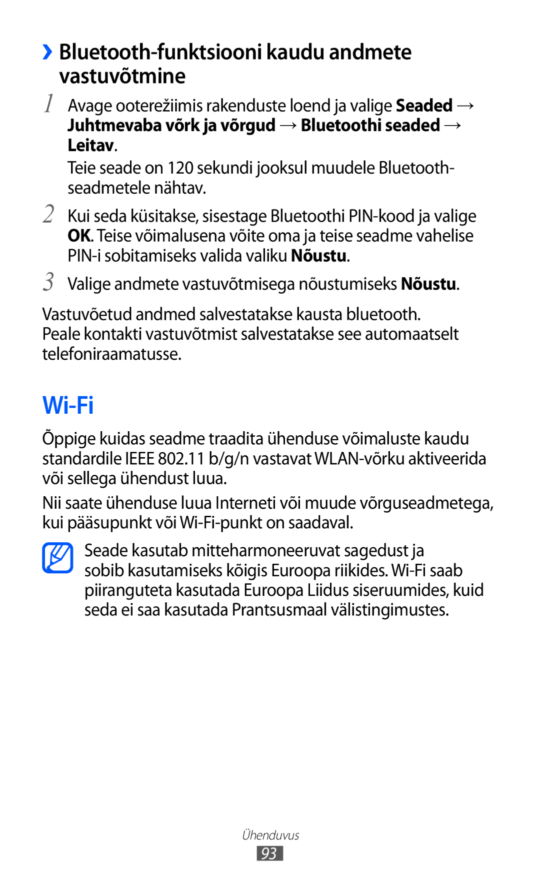 Samsung GT-S6102SKASEB manual Wi-Fi, ››Bluetooth-funktsiooni kaudu andmete vastuvõtmine 