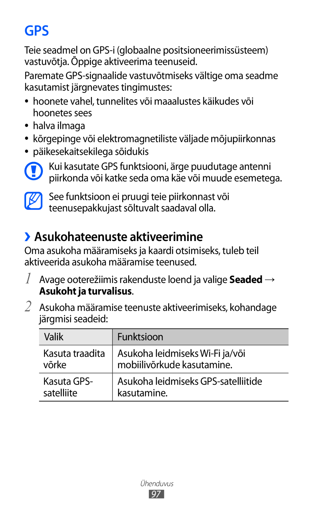 Samsung GT-S6102SKASEB manual ››Asukohateenuste aktiveerimine, Asukoht ja turvalisus, Asukoha leidmiseks Wi-Fi ja/või 