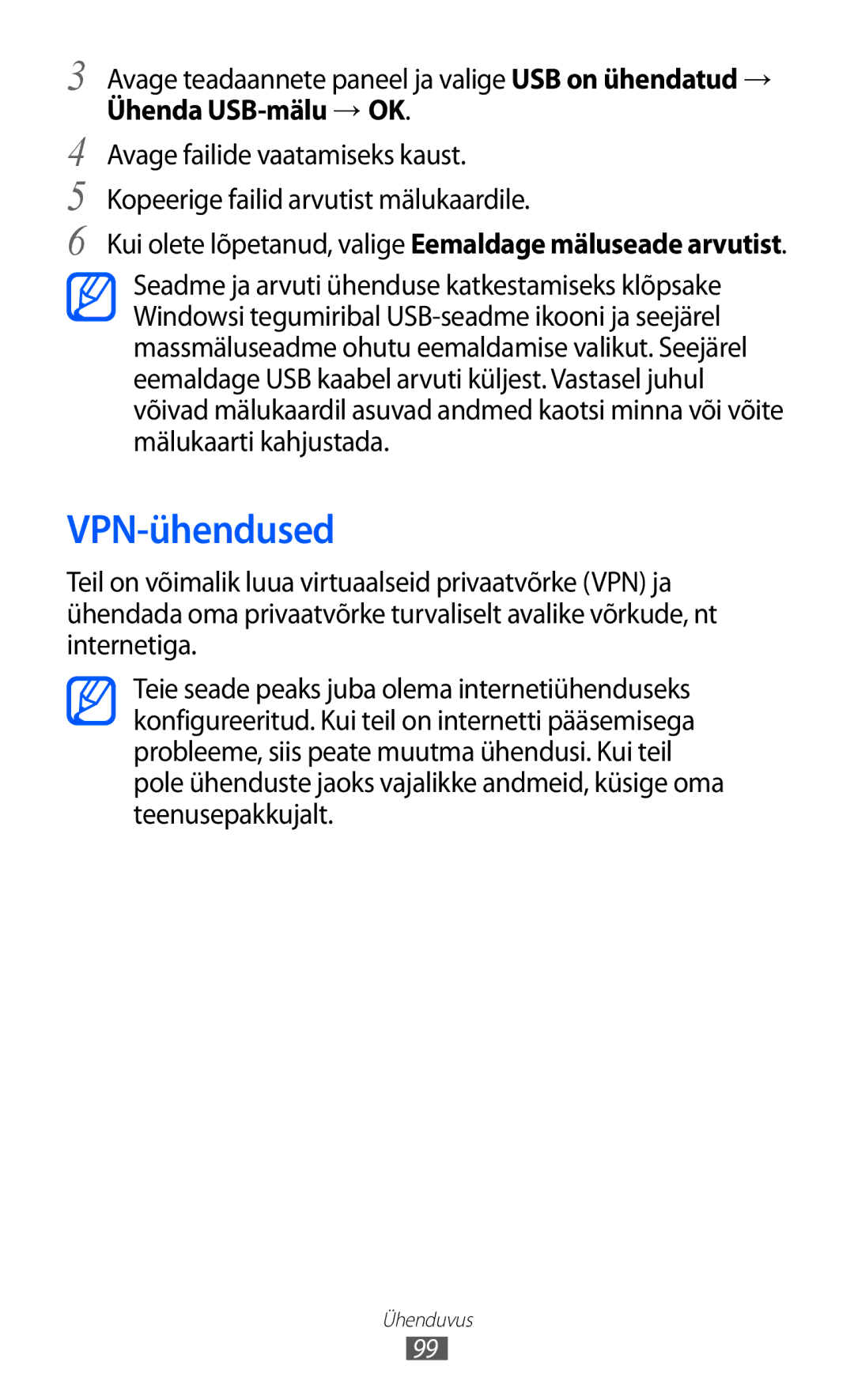 Samsung GT-S6102SKASEB manual VPN-ühendused, Ühenda USB-mälu → OK 