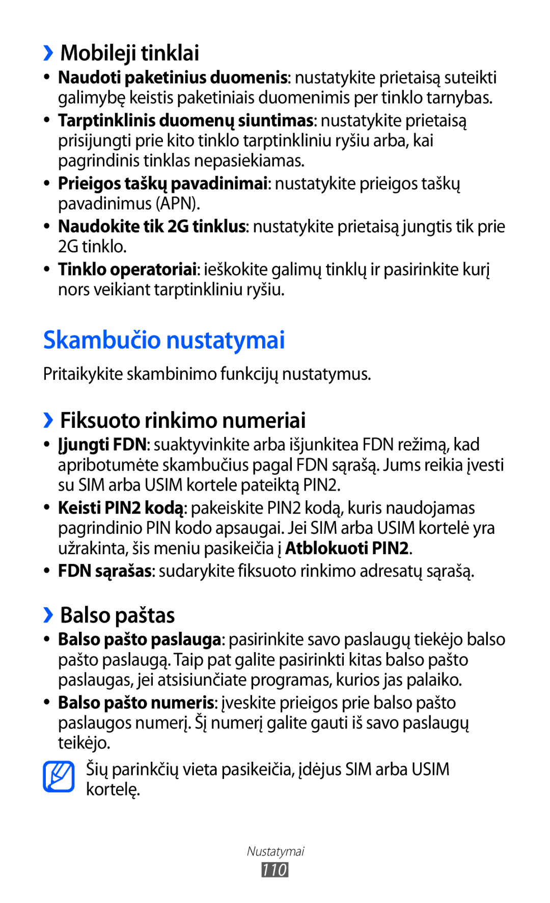 Samsung GT-S6102SKASEB manual Skambučio nustatymai, ››Mobileji tinklai, ››Fiksuoto rinkimo numeriai, ››Balso paštas 