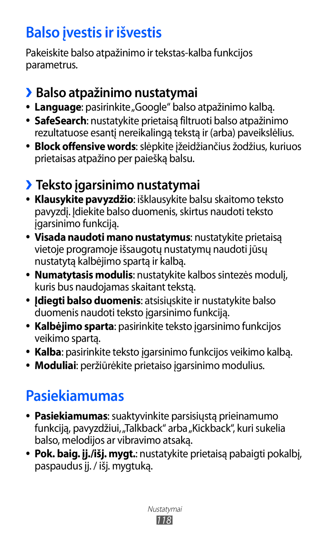 Samsung GT-S6102SKASEB manual Balso įvestis ir išvestis, Pasiekiamumas, ››Balso atpažinimo nustatymai 