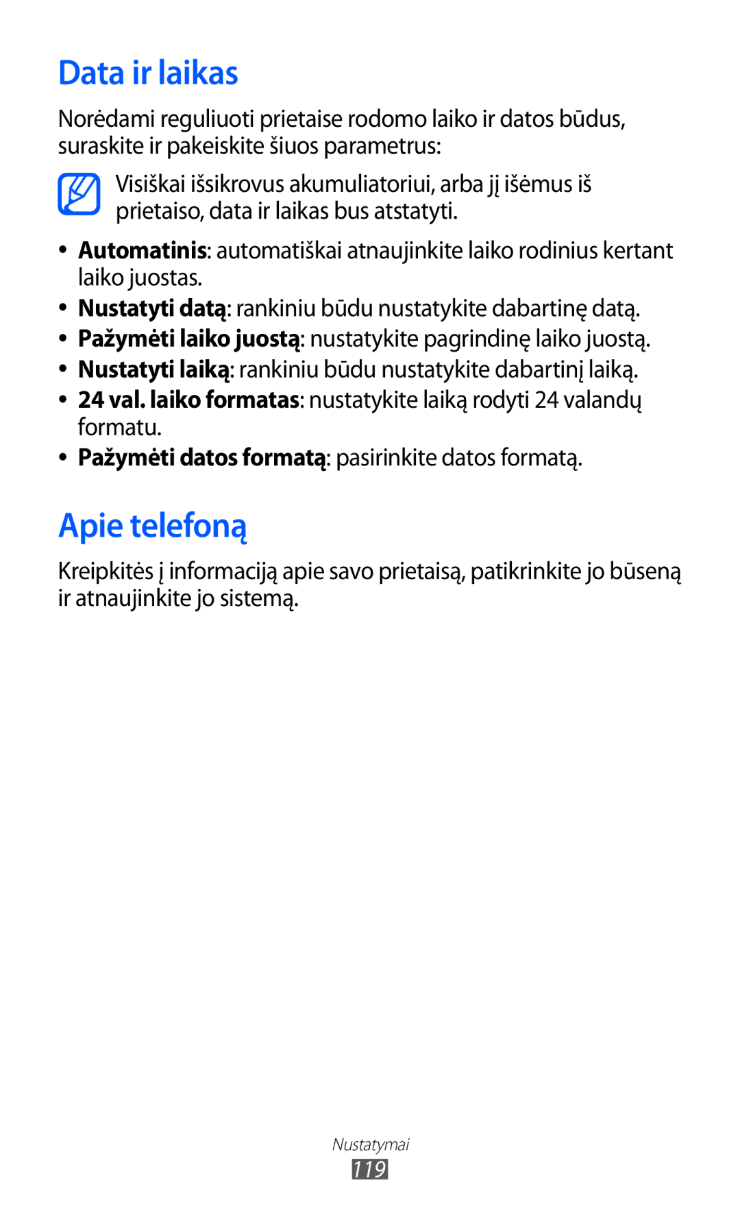 Samsung GT-S6102SKASEB manual Data ir laikas, Apie telefoną 