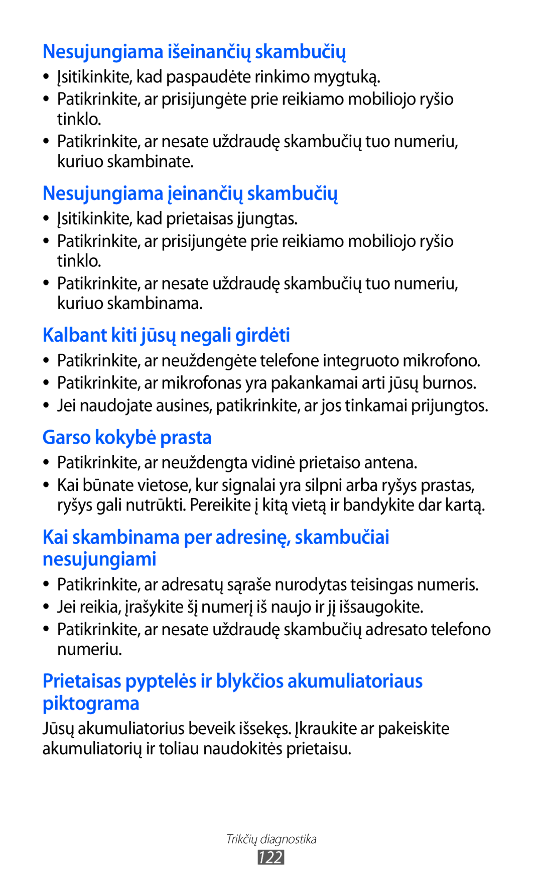 Samsung GT-S6102SKASEB manual Nesujungiama išeinančių skambučių, Patikrinkite, ar neuždengta vidinė prietaiso antena 