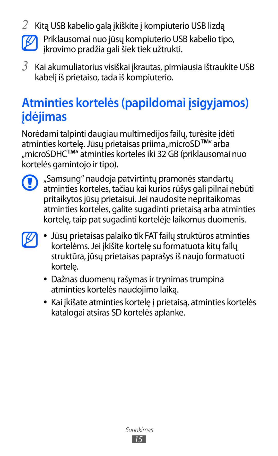 Samsung GT-S6102SKASEB manual Atminties kortelės papildomai įsigyjamos įdėjimas 