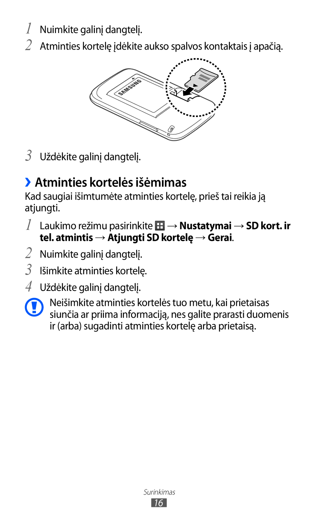 Samsung GT-S6102SKASEB manual ››Atminties kortelės išėmimas 