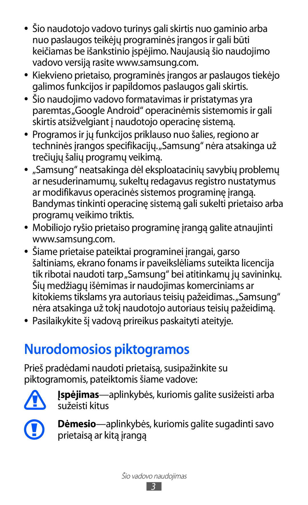 Samsung GT-S6102SKASEB manual Nurodomosios piktogramos, Pasilaikykite šį vadovą prireikus paskaityti ateityje 