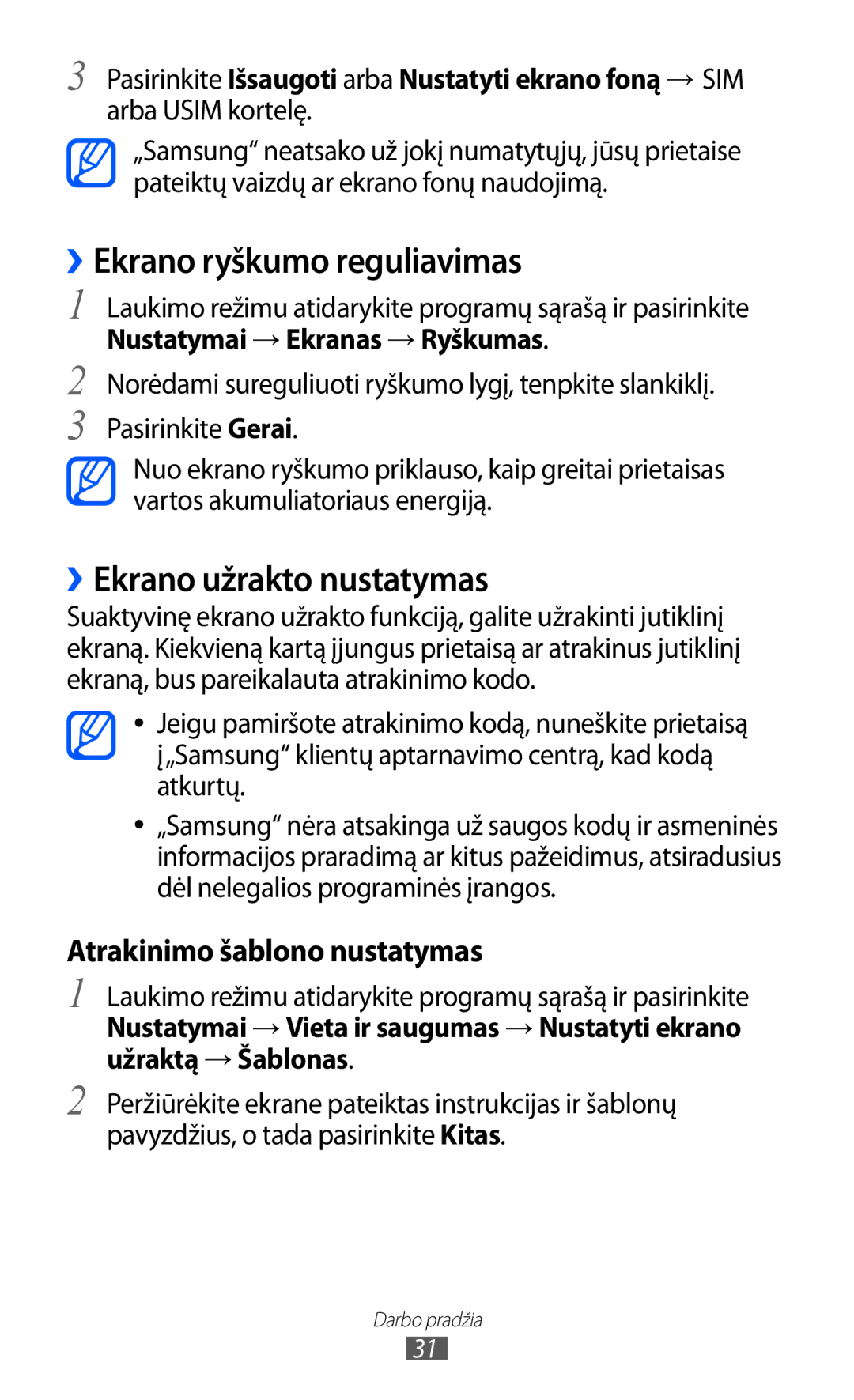 Samsung GT-S6102SKASEB manual ››Ekrano ryškumo reguliavimas, ››Ekrano užrakto nustatymas 