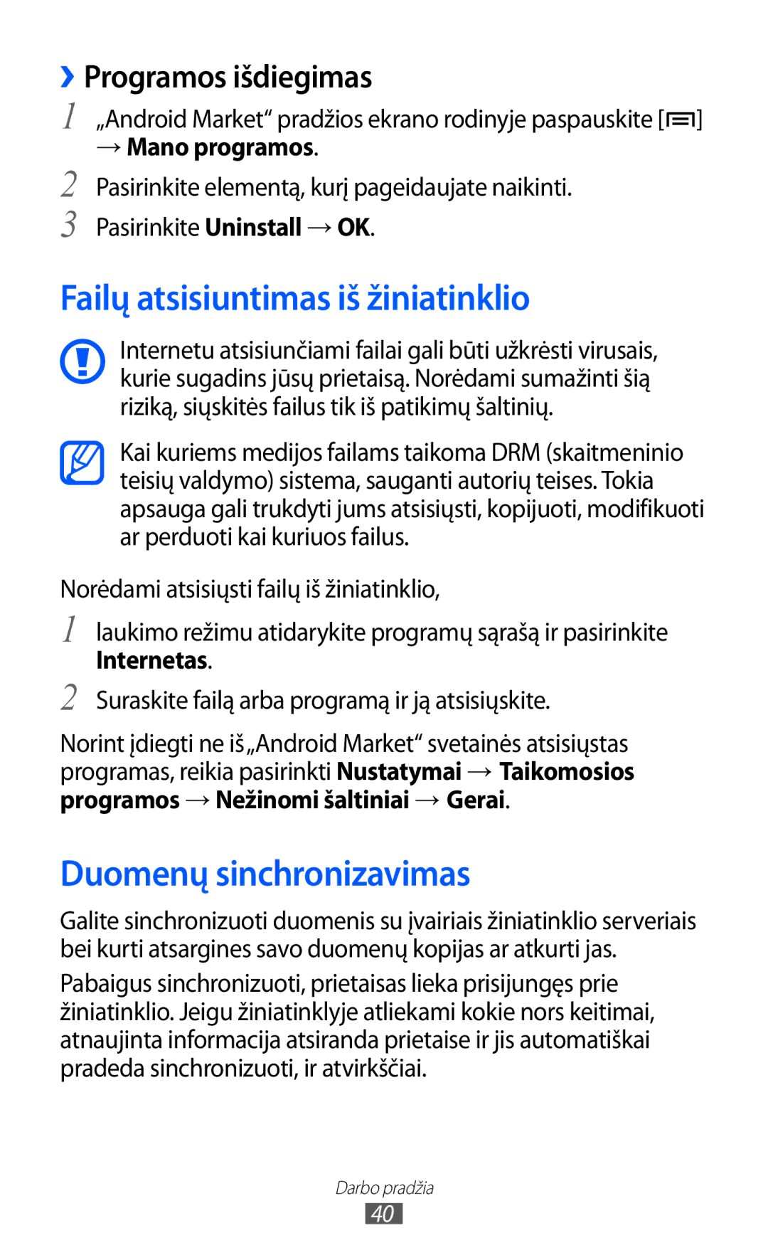 Samsung GT-S6102SKASEB manual Failų atsisiuntimas iš žiniatinklio, Duomenų sinchronizavimas, ››Programos išdiegimas 