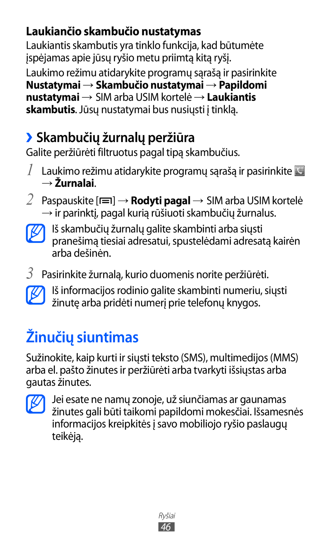 Samsung GT-S6102SKASEB manual Žinučių siuntimas, ››Skambučių žurnalų peržiūra, → Žurnalai 