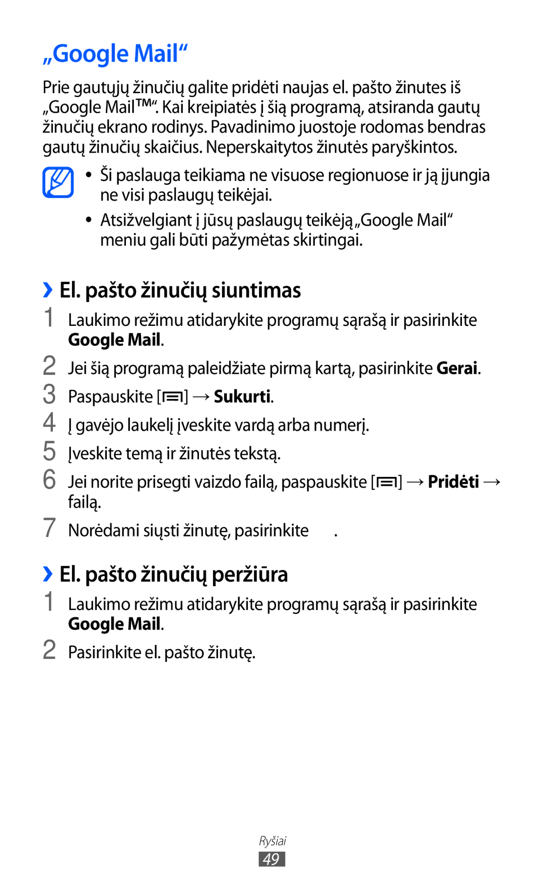 Samsung GT-S6102SKASEB manual „Google Mail, ››El. pašto žinučių siuntimas, ››El. pašto žinučių peržiūra 