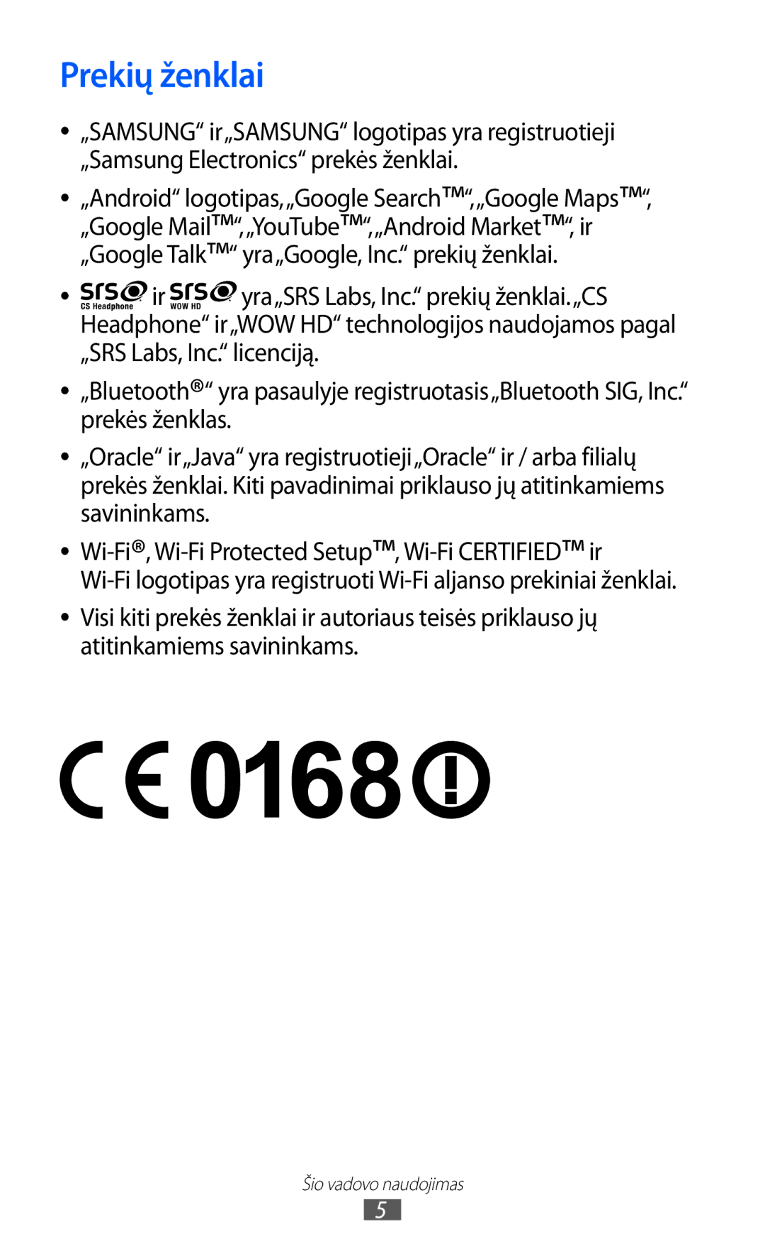 Samsung GT-S6102SKASEB manual Prekių ženklai 