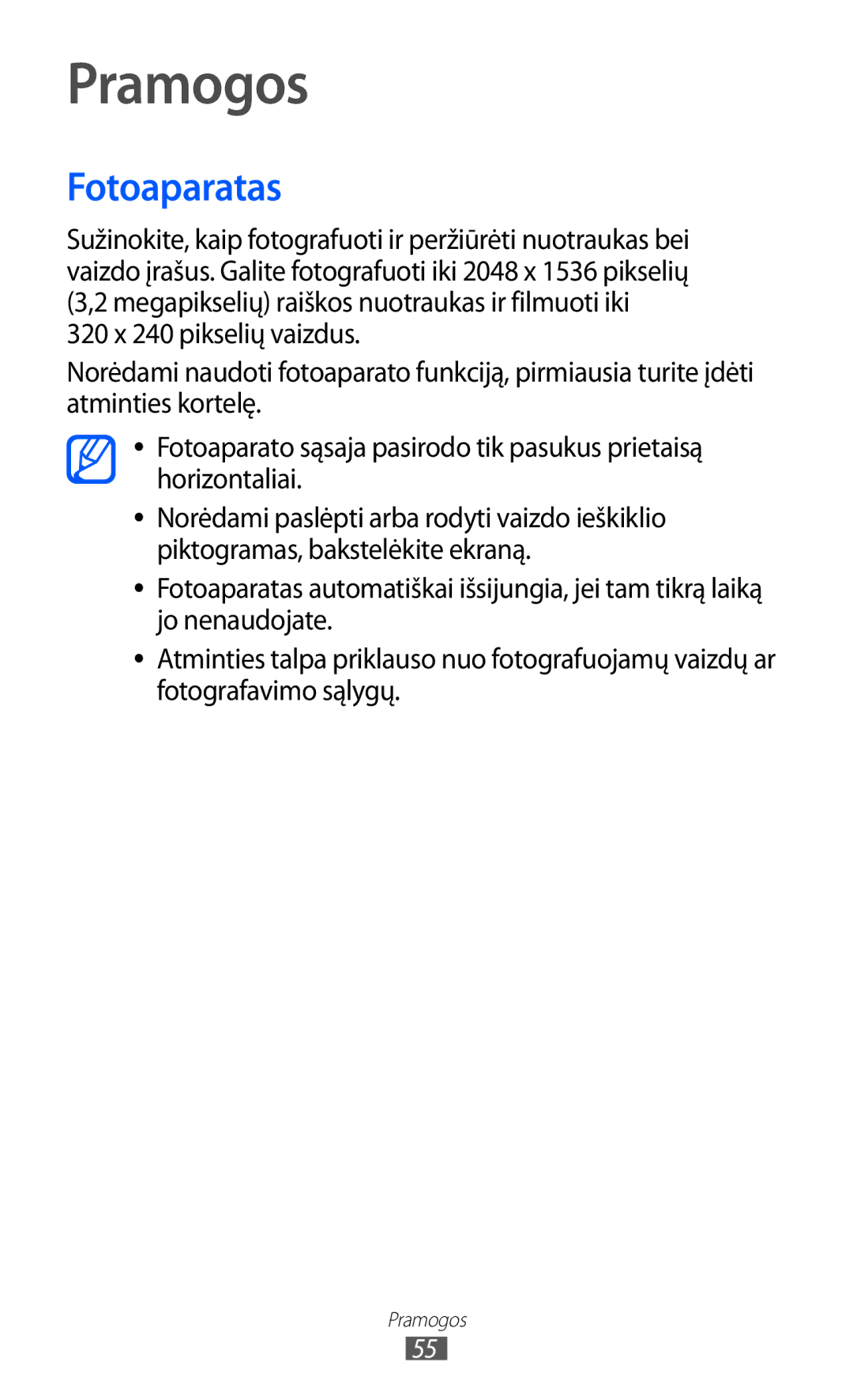 Samsung GT-S6102SKASEB manual Pramogos, Fotoaparatas 
