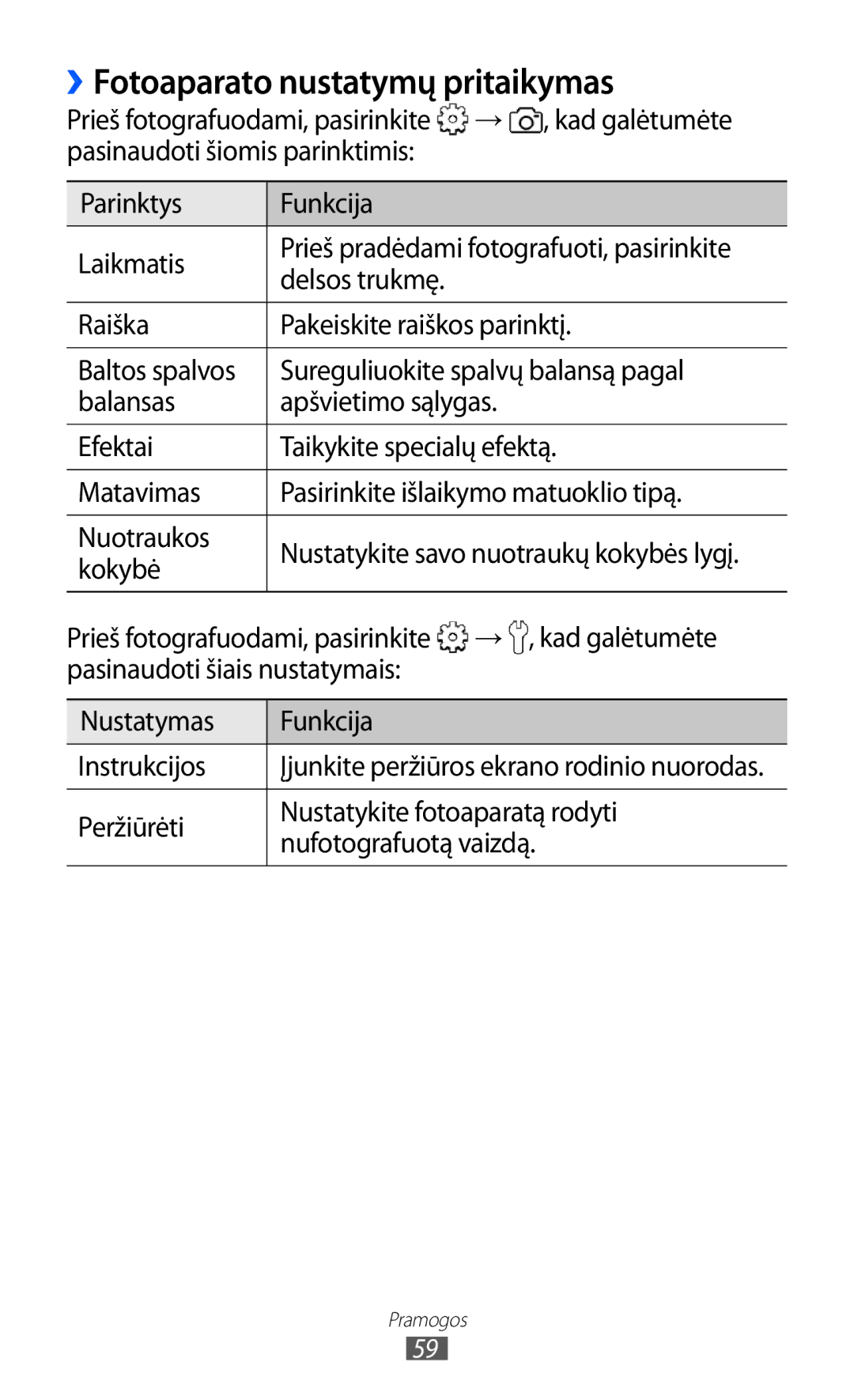 Samsung GT-S6102SKASEB manual ››Fotoaparato nustatymų pritaikymas 