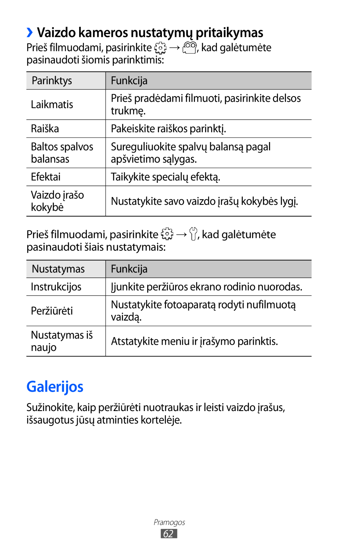 Samsung GT-S6102SKASEB manual Galerijos, ››Vaizdo kameros nustatymų pritaikymas 