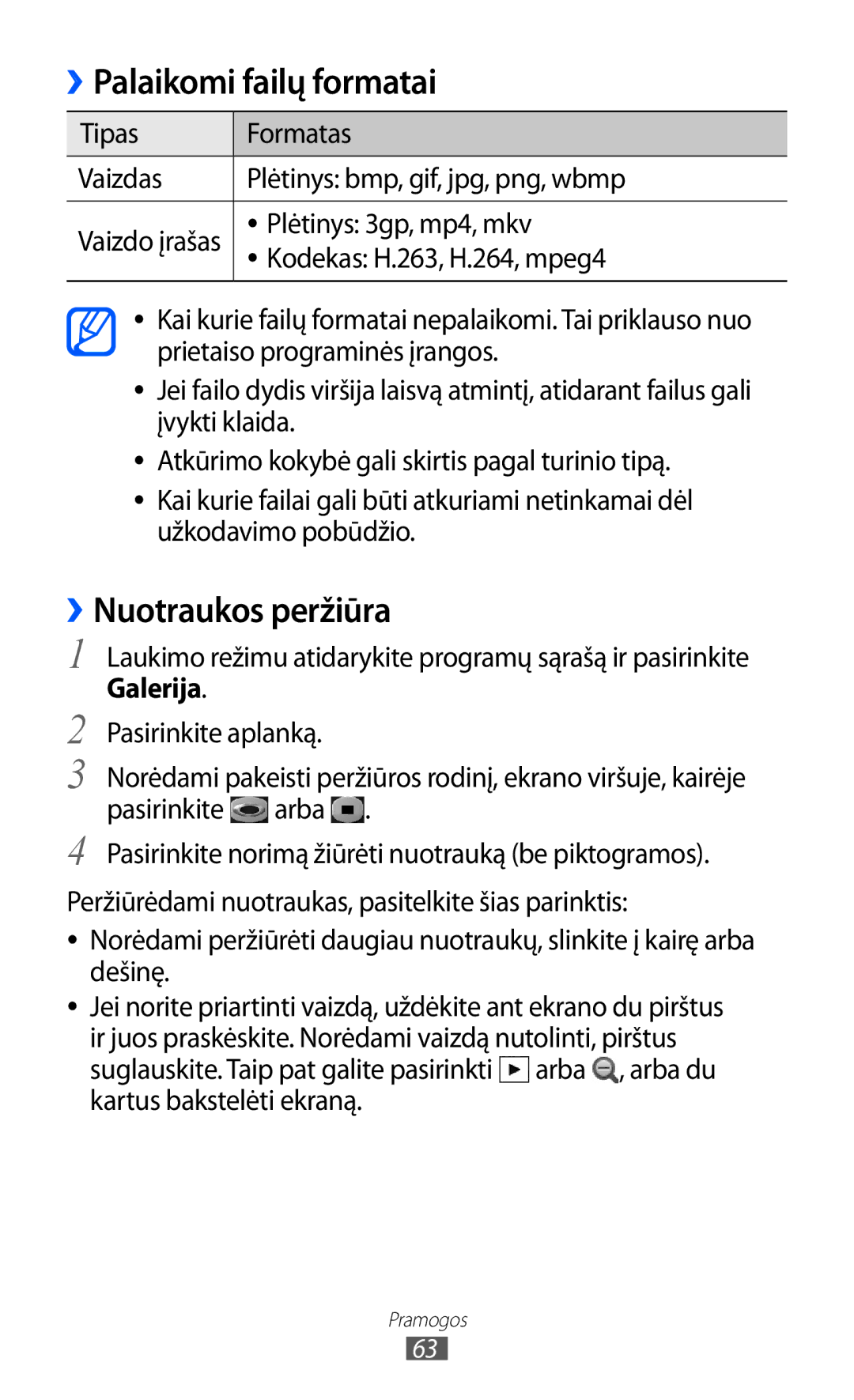 Samsung GT-S6102SKASEB manual Palaikomi failų formatai, ››Nuotraukos peržiūra, Galerija 