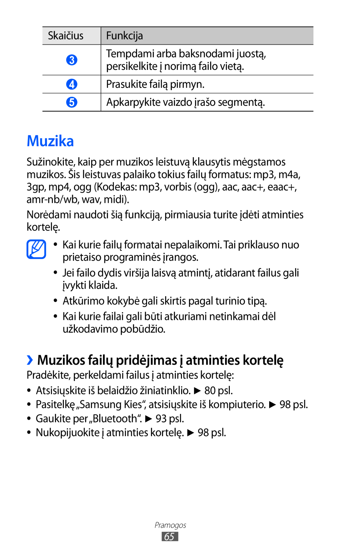 Samsung GT-S6102SKASEB manual Muzika, ››Muzikos failų pridėjimas į atminties kortelę 