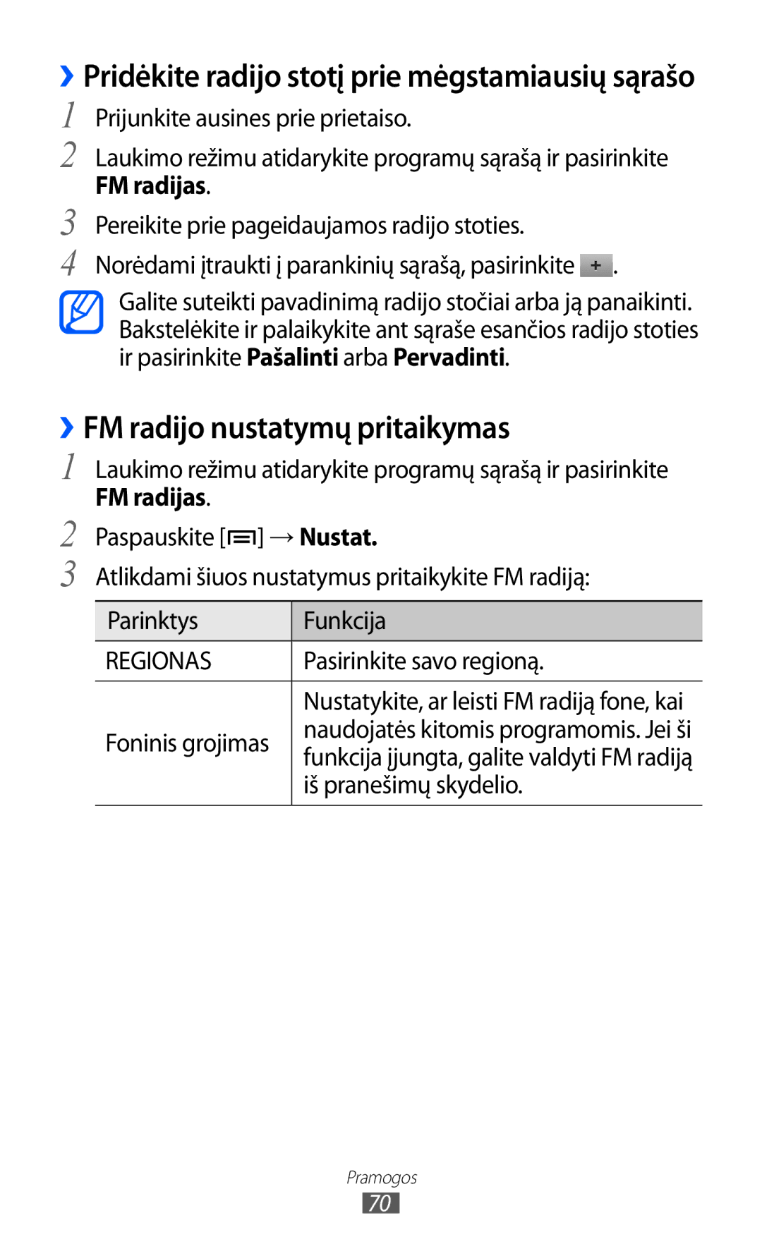 Samsung GT-S6102SKASEB manual ››FM radijo nustatymų pritaikymas, Pasirinkite savo regioną, Iš pranešimų skydelio 