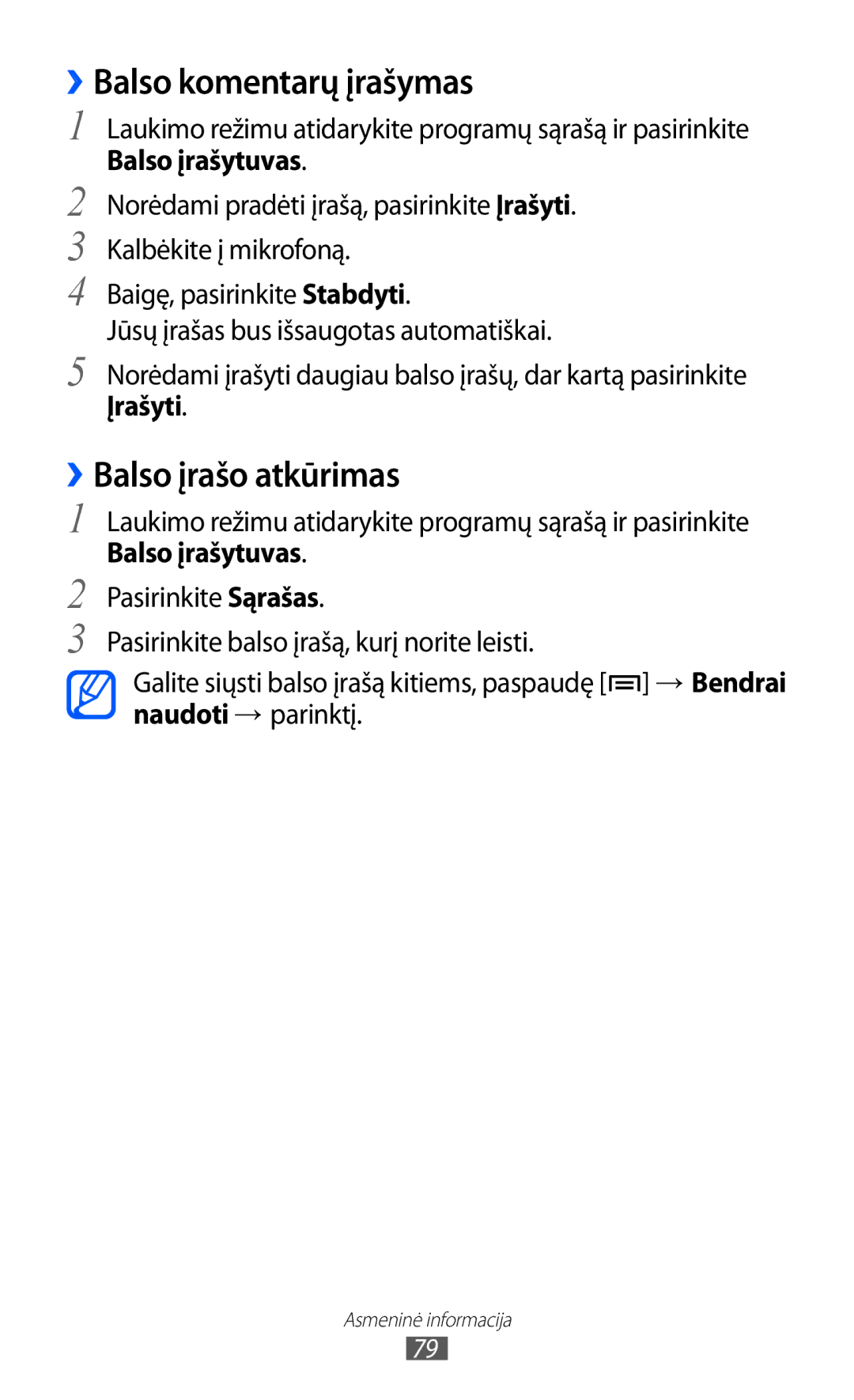 Samsung GT-S6102SKASEB manual ››Balso komentarų įrašymas, ››Balso įrašo atkūrimas, Balso įrašytuvas, Įrašyti 