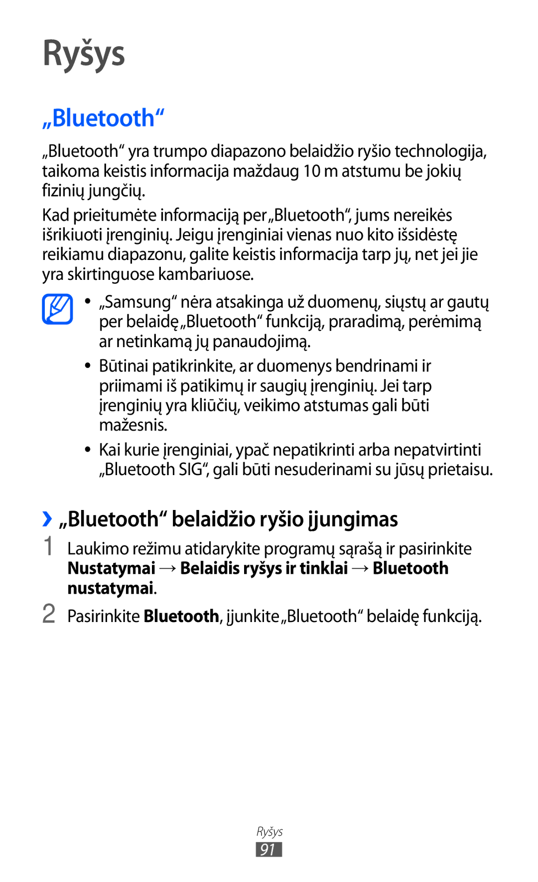 Samsung GT-S6102SKASEB manual Ryšys, ››„Bluetooth belaidžio ryšio įjungimas 