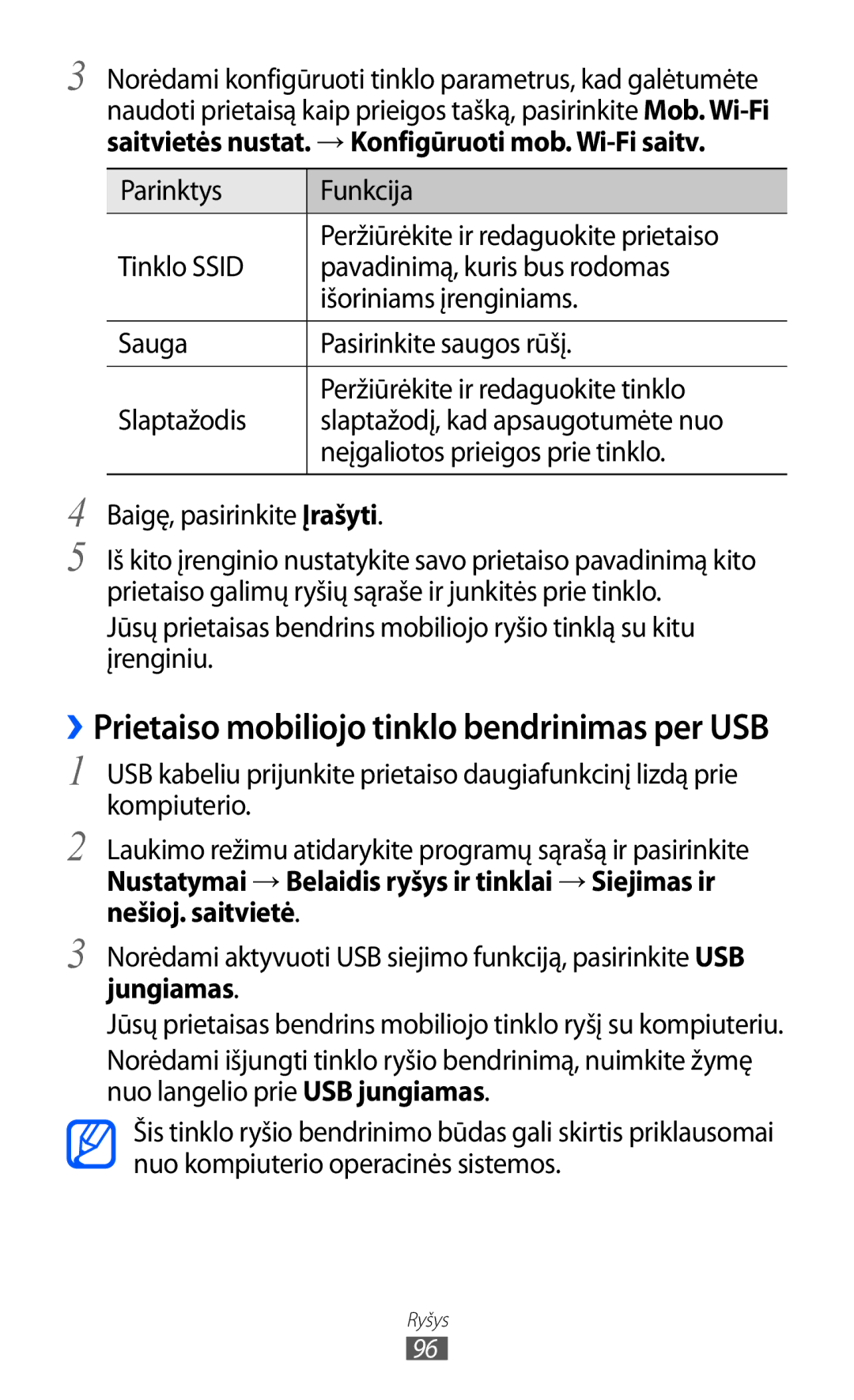 Samsung GT-S6102SKASEB manual ››Prietaiso mobiliojo tinklo bendrinimas per USB 