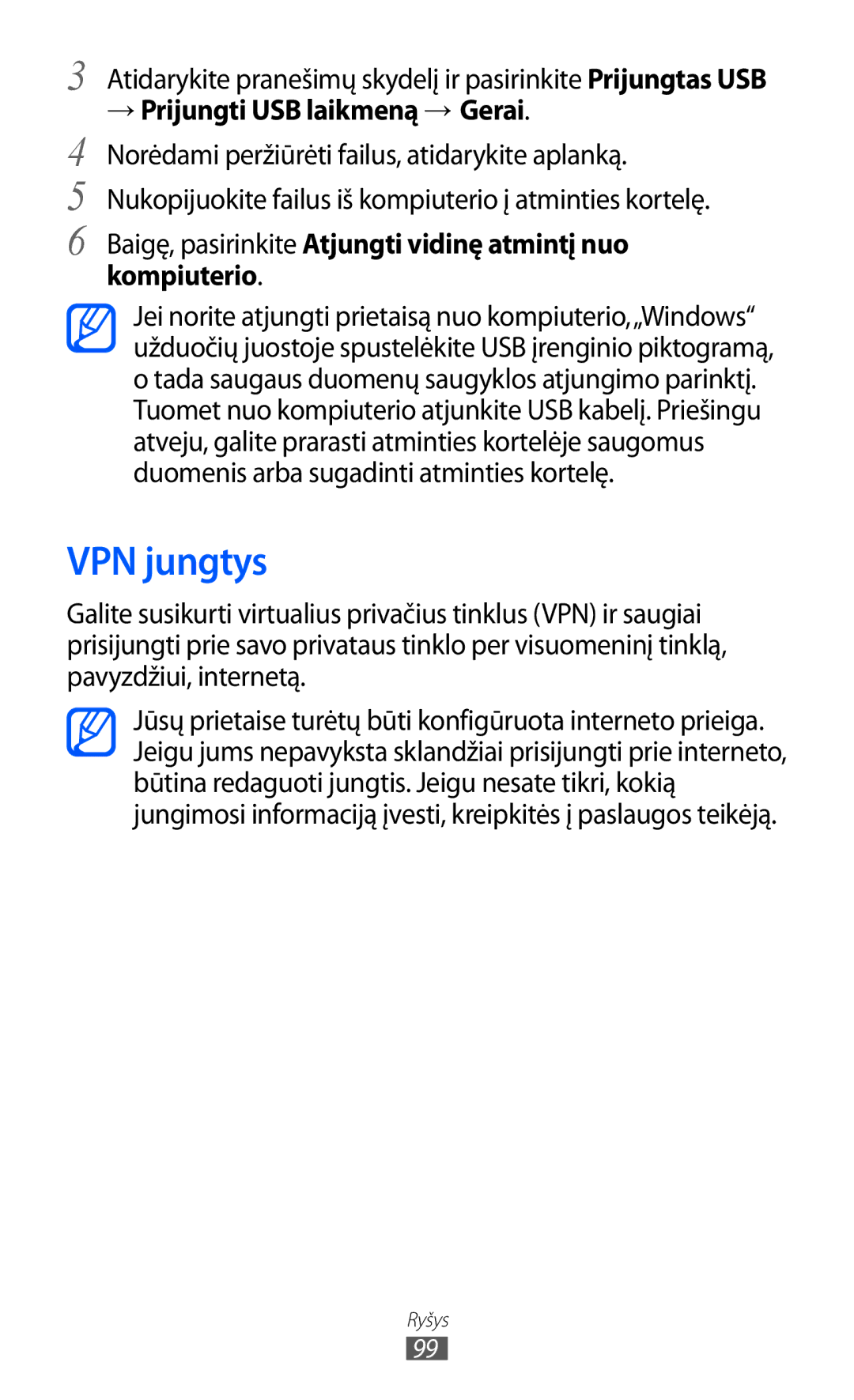 Samsung GT-S6102SKASEB manual VPN jungtys, Baigę, pasirinkite Atjungti vidinę atmintį nuo kompiuterio 