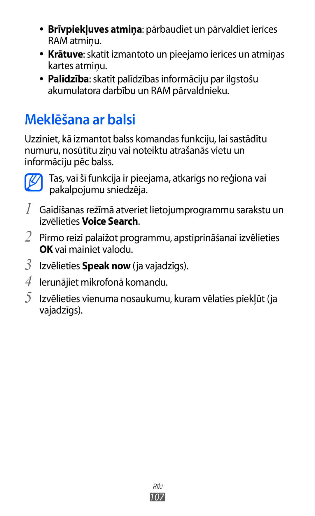 Samsung GT-S6102SKASEB manual Meklēšana ar balsi, 107 