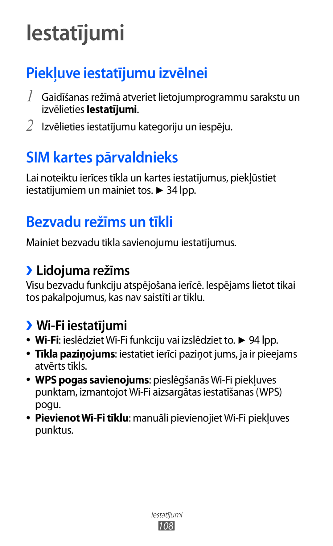 Samsung GT-S6102SKASEB manual Iestatījumi, Piekļuve iestatījumu izvēlnei, SIM kartes pārvaldnieks, Bezvadu režīms un tīkli 