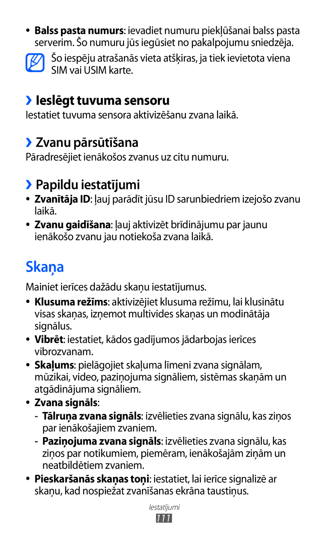 Samsung GT-S6102SKASEB manual Skaņa, ››Ieslēgt tuvuma sensoru, ››Zvanu pārsūtīšana, ››Papildu iestatījumi, Zvana signāls 