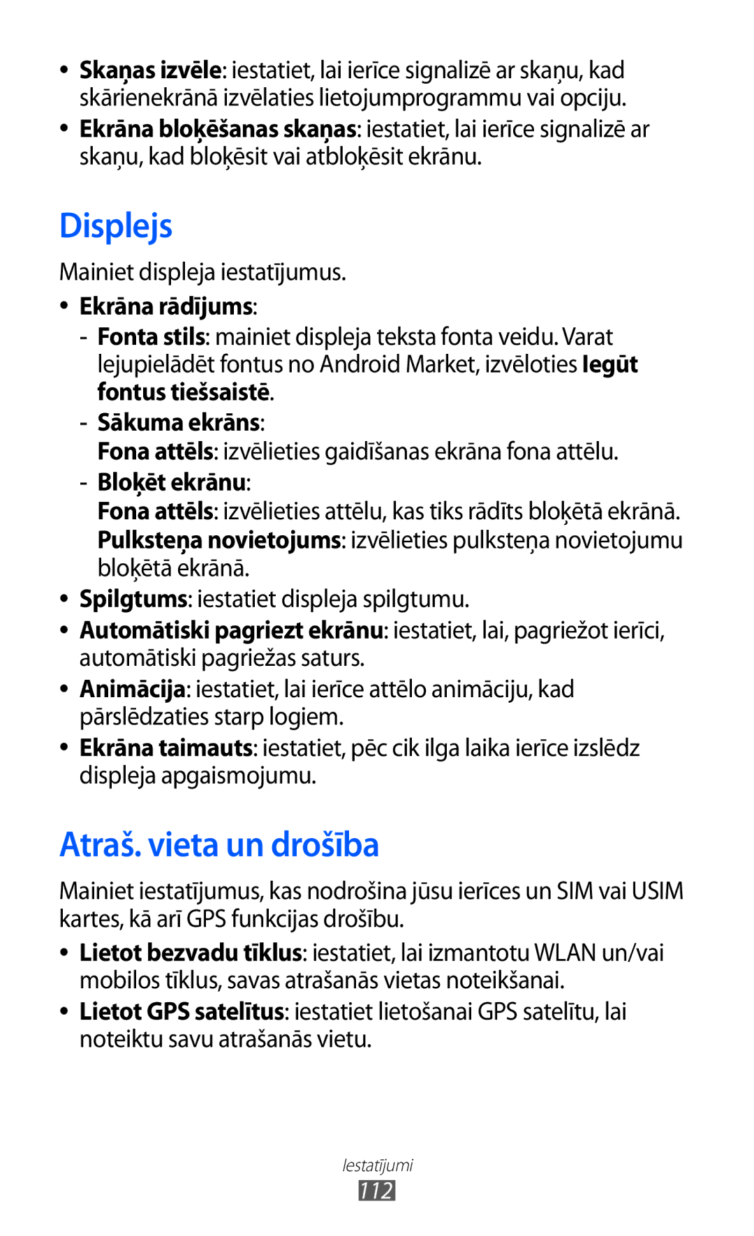 Samsung GT-S6102SKASEB manual Displejs, Atraš. vieta un drošība, Ekrāna rādījums, Sākuma ekrāns, Bloķēt ekrānu 