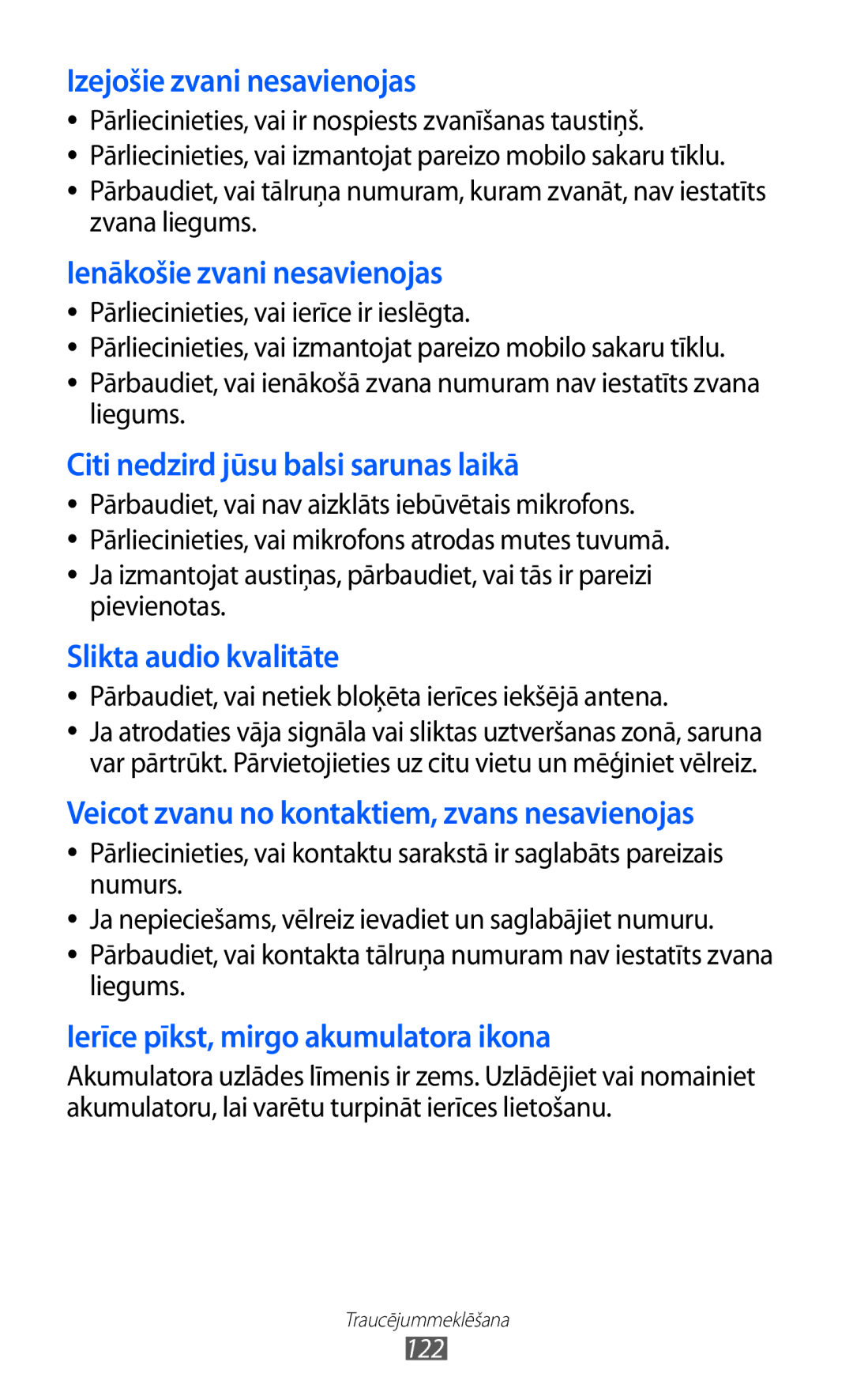 Samsung GT-S6102SKASEB manual Pārbaudiet, vai netiek bloķēta ierīces iekšējā antena, 122 