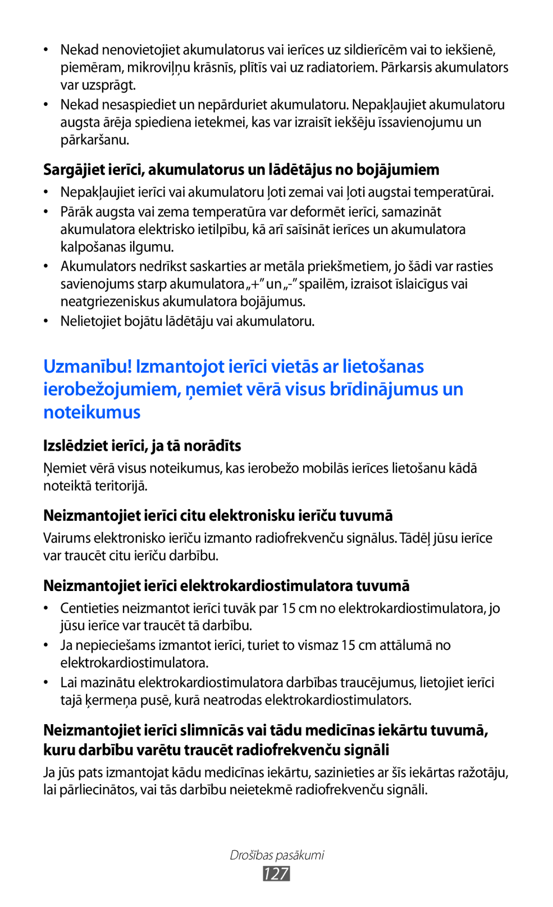 Samsung GT-S6102SKASEB manual 127, Sargājiet ierīci, akumulatorus un lādētājus no bojājumiem 