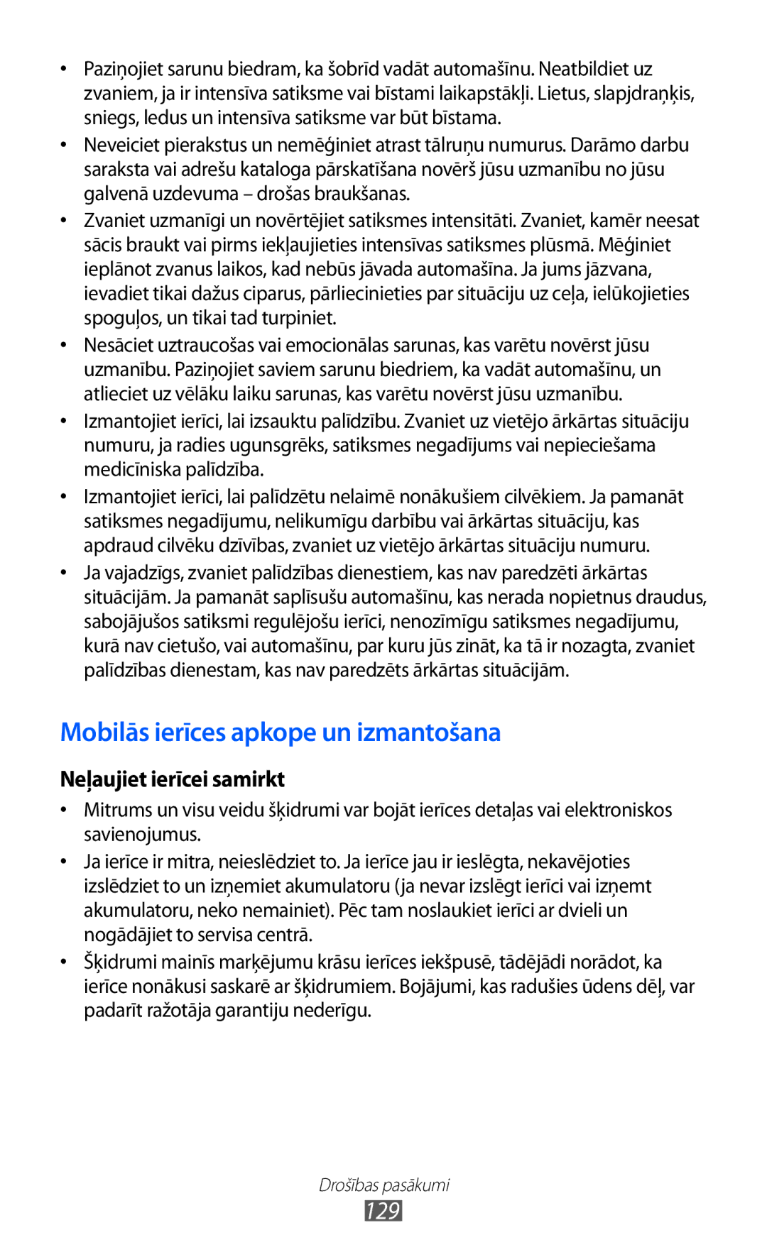 Samsung GT-S6102SKASEB manual Mobilās ierīces apkope un izmantošana, 129 