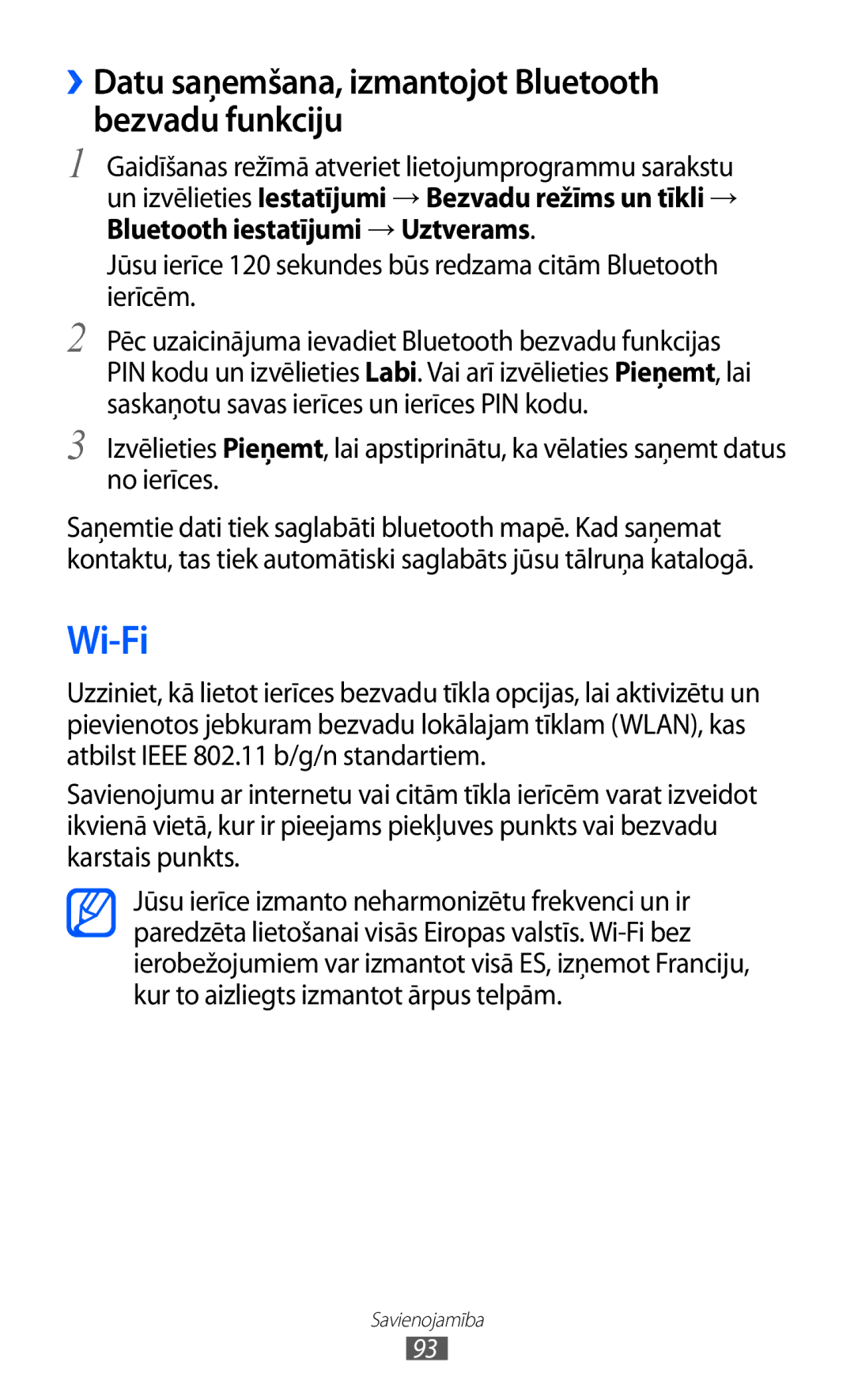 Samsung GT-S6102SKASEB manual Wi-Fi, ››Datu saņemšana, izmantojot Bluetooth bezvadu funkciju 