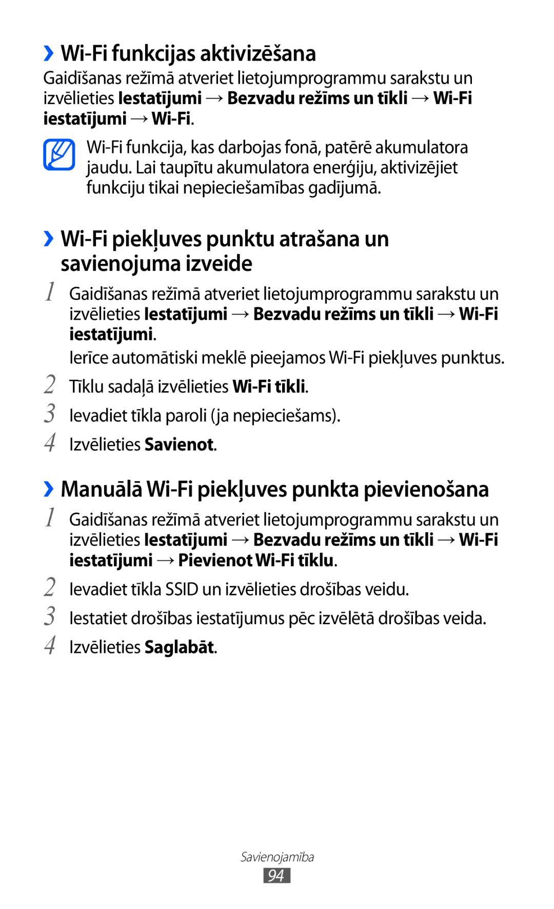 Samsung GT-S6102SKASEB manual ››Wi-Fi funkcijas aktivizēšana, ››Wi-Fi piekļuves punktu atrašana un savienojuma izveide 