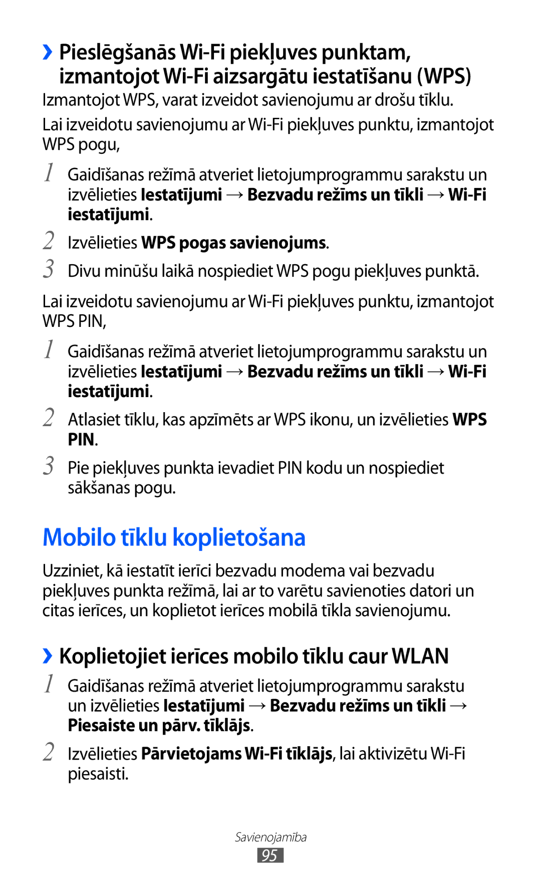 Samsung GT-S6102SKASEB manual Mobilo tīklu koplietošana, ››Koplietojiet ierīces mobilo tīklu caur Wlan 