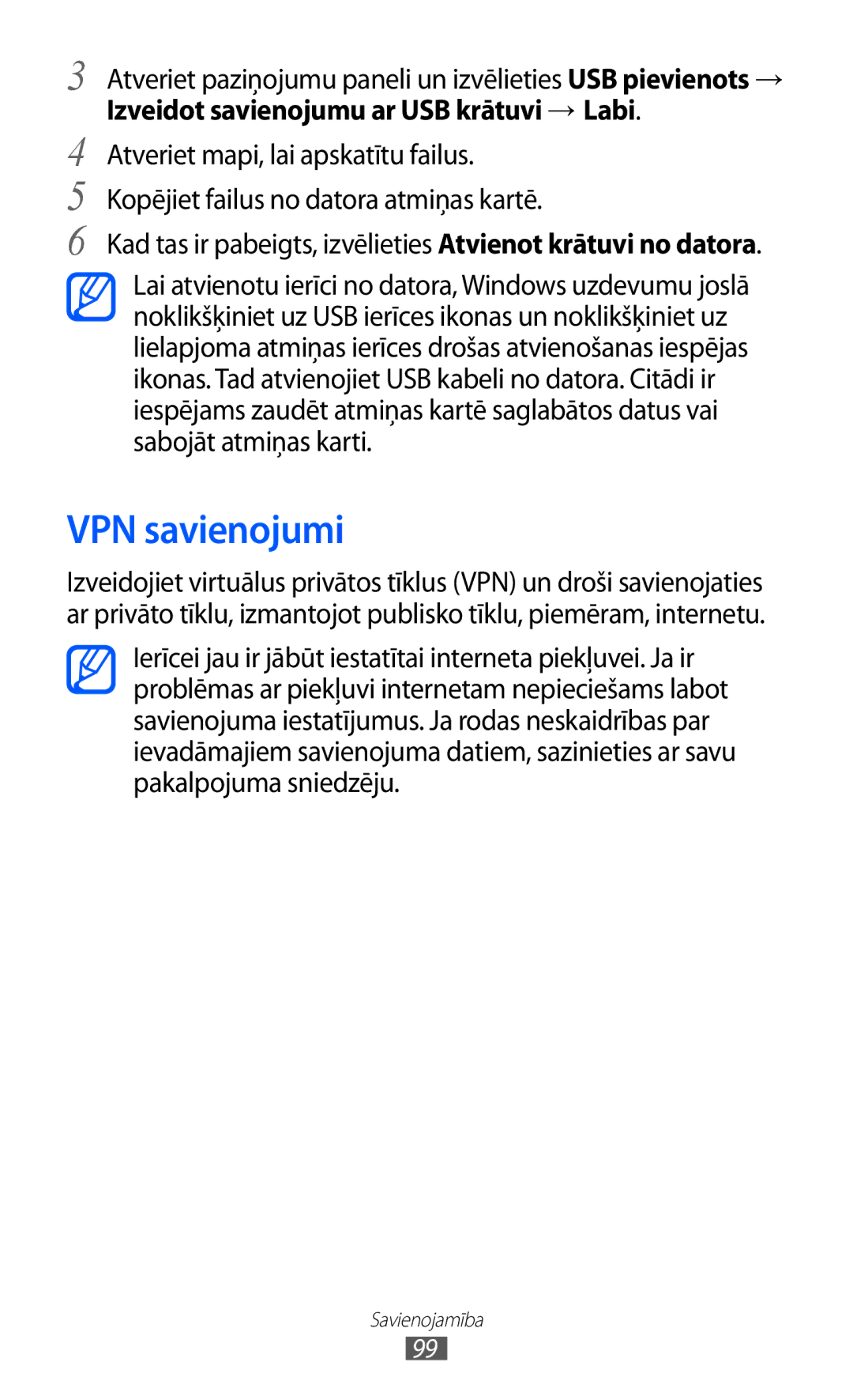 Samsung GT-S6102SKASEB manual VPN savienojumi, Kad tas ir pabeigts, izvēlieties Atvienot krātuvi no datora 